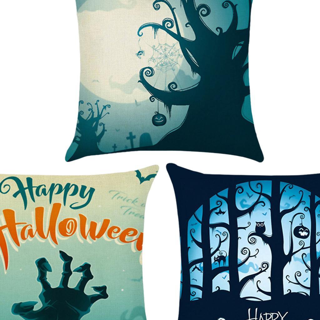 3pcs Soft Linen Pillowcase Halloween Lantern Bedroom Living Room Decor Blue