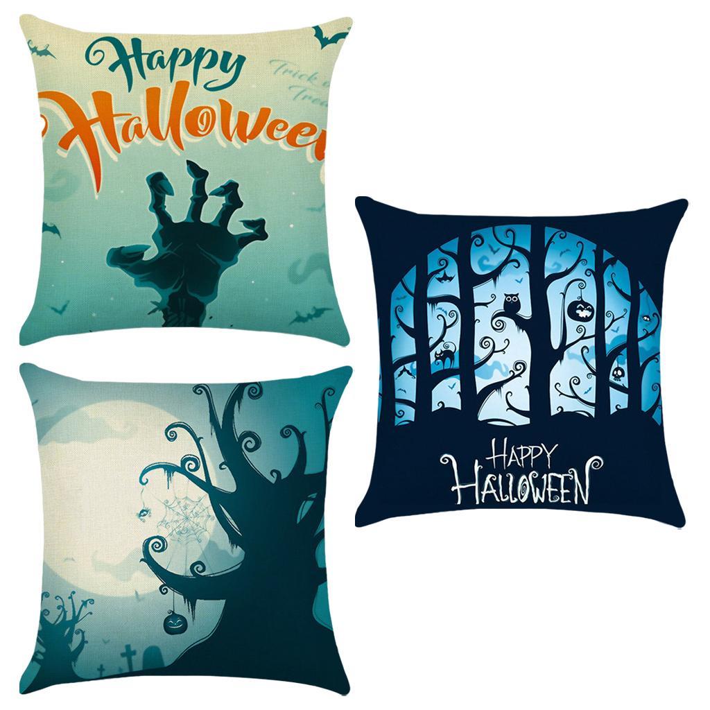 3pcs Soft Linen Pillowcase Halloween Lantern Bedroom Living Room Decor Blue