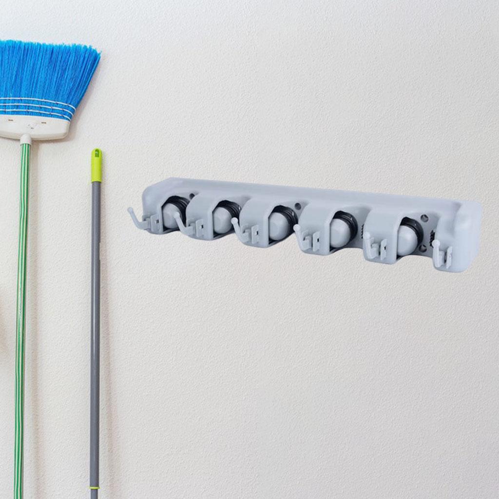 Plastic Mop Holder 5 Slots 6 Hooks Dusters Household Bathroom Accessories Gray