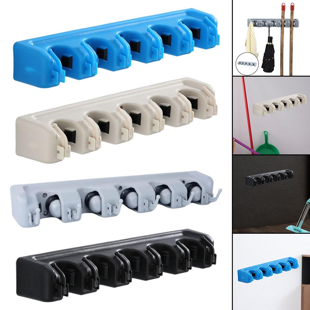 Plastic Mop Holder 5 Slots 6 Hooks Dusters Household Bathroom Accessories Gray
