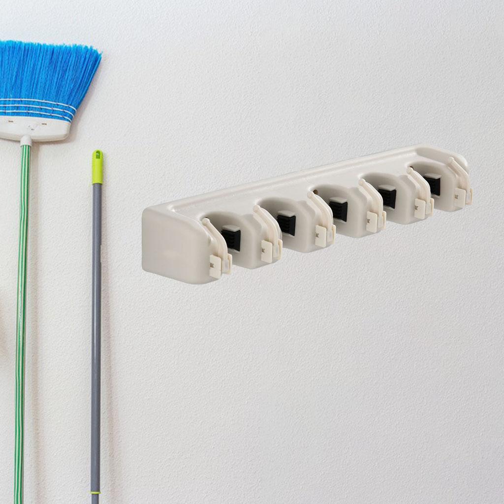Plastic Mop Holder 5 Slots 6 Hooks Dusters Household Bathroom Accessories Beige