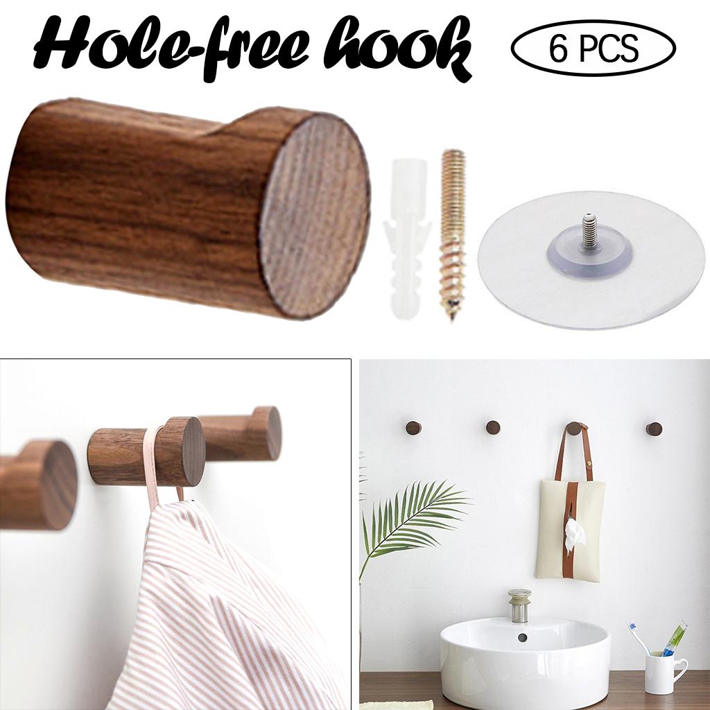 6 PCS Decorative Wall Hooks Kitchen Bathroom Door Wooden Hooks Dark Brown