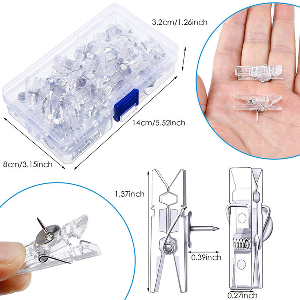 50-Pack Plastic Thumb Tacks Clips with Pushpins Multiple Functions Clear