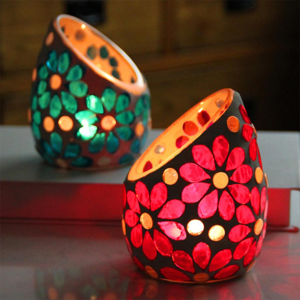 2Pcs Mosaic Candle Holders Tea Light Candelabra Home Table Decor Rose Red