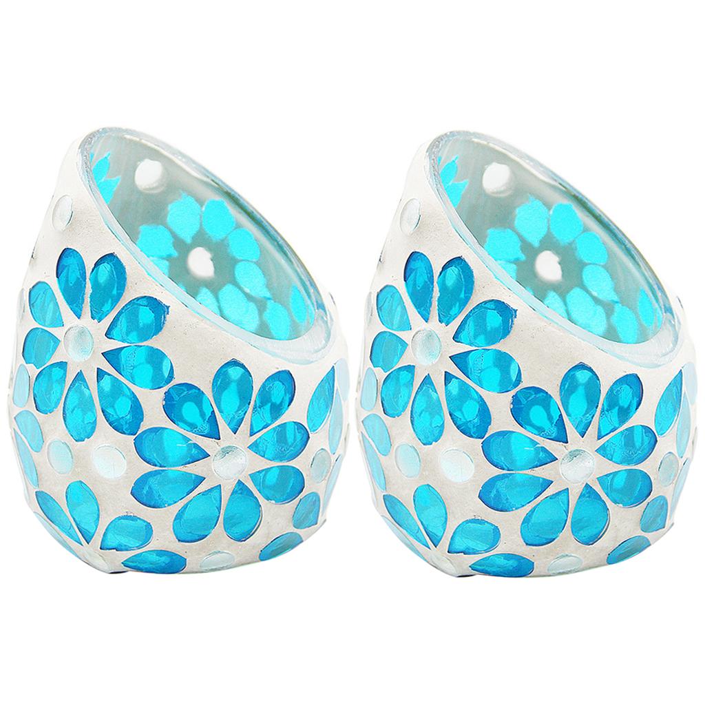 2Pcs Mosaic Candle Holders Tea Light Candelabra Home Table Decor Sky Blue
