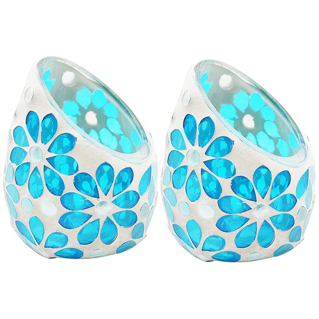 2Pcs Mosaic Candle Holders Tea Light Candelabra Home Table Decor Sky Blue