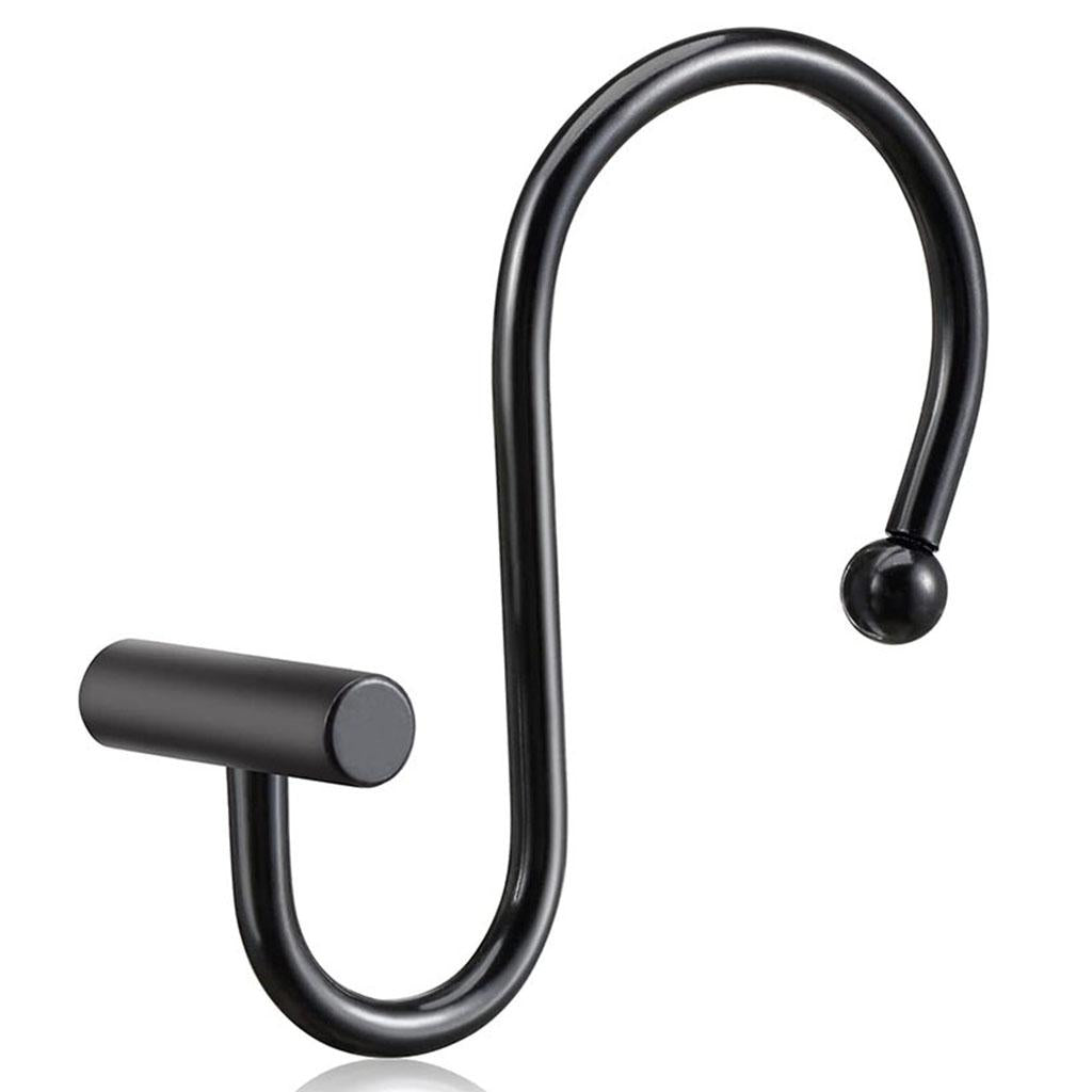 12x Premium Shower Curtain Hooks Set T Shaped Design for Bathroom (Black)