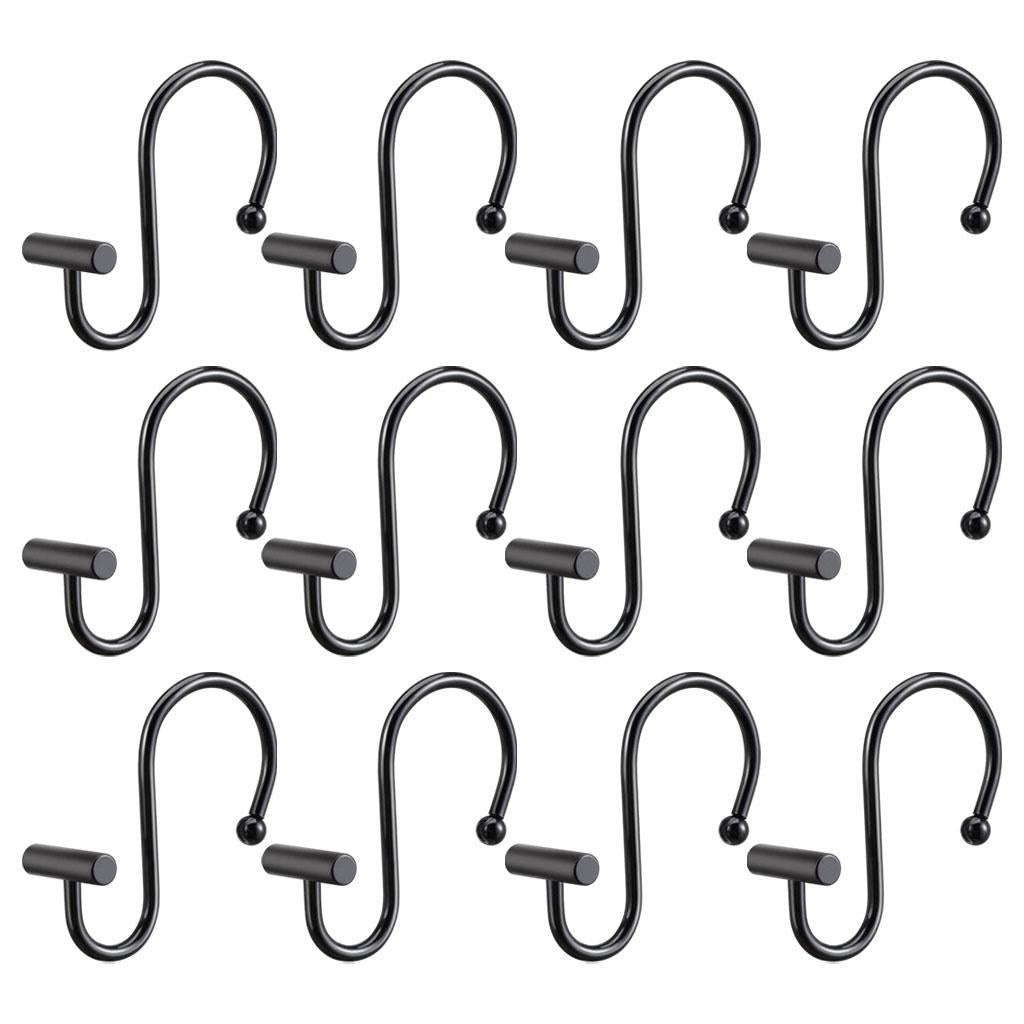 12x Premium Shower Curtain Hooks Set T Shaped Design for Bathroom (Black)