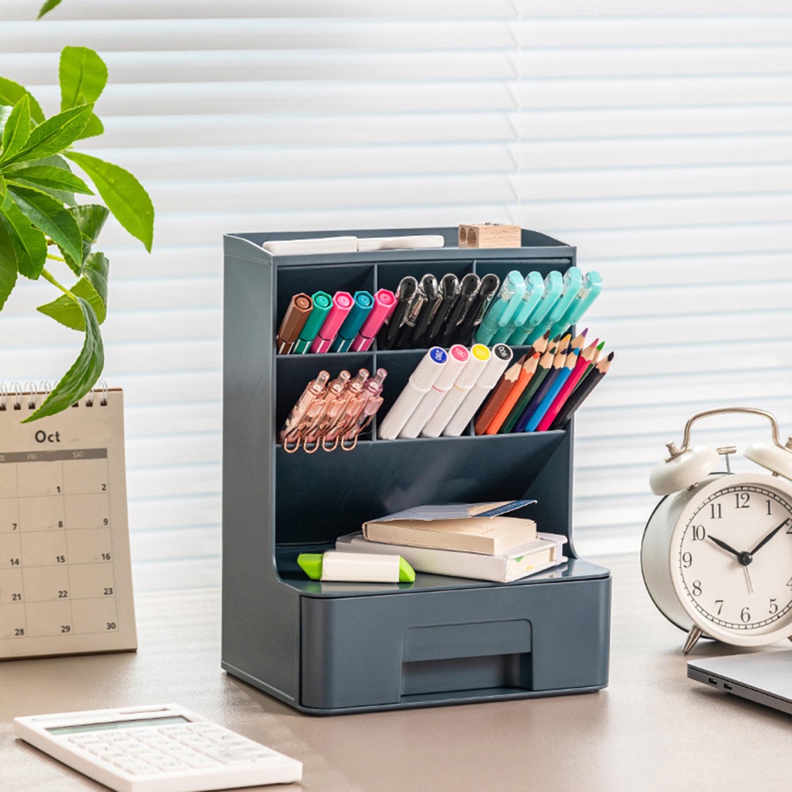 Multipurpose Pen Holder with Drawer Office Caddy for Office Dark Blue