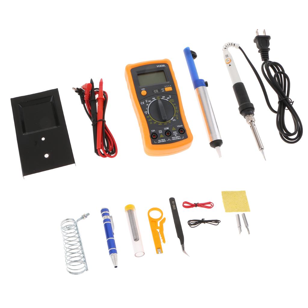 110V 60W Adjustable Temp Electric Soldering Iron Tool Kit Multimeter US Plug