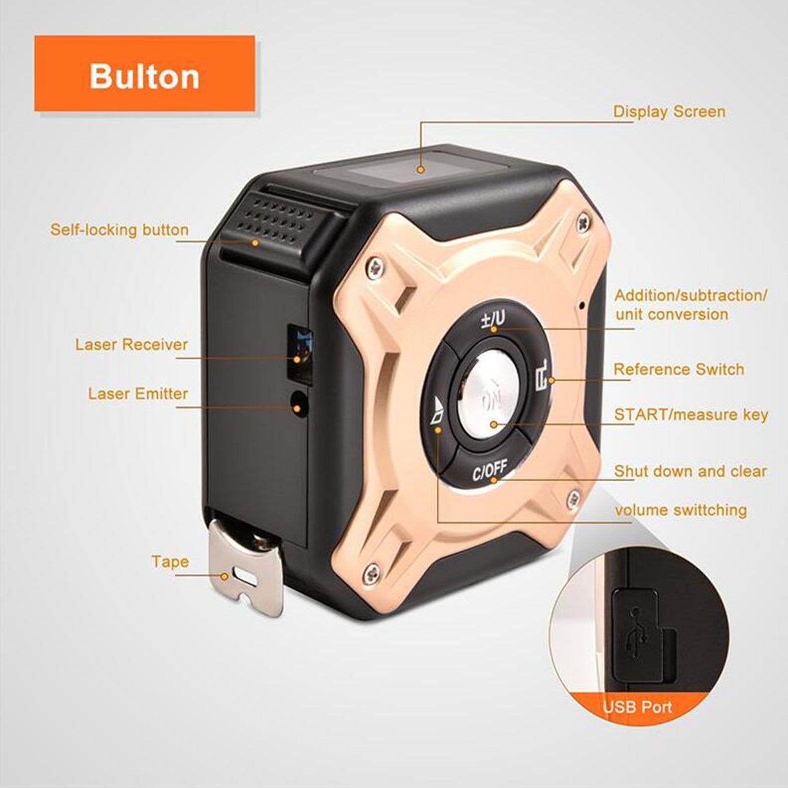 Laser Tape Measure 16ft/5M Multi-Measurement Modes for Volume gold