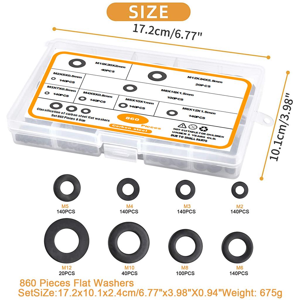 860 Pieces Flat Washers Set Carbon Steel 8 Sizes DIY Accessories Black
