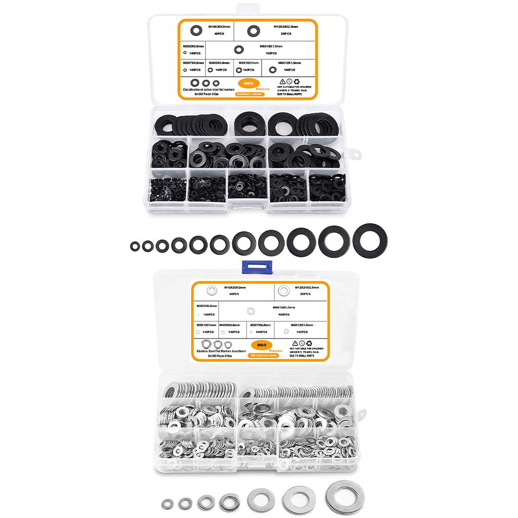 860 Pieces Flat Washers Set Carbon Steel 8 Sizes DIY Accessories Black