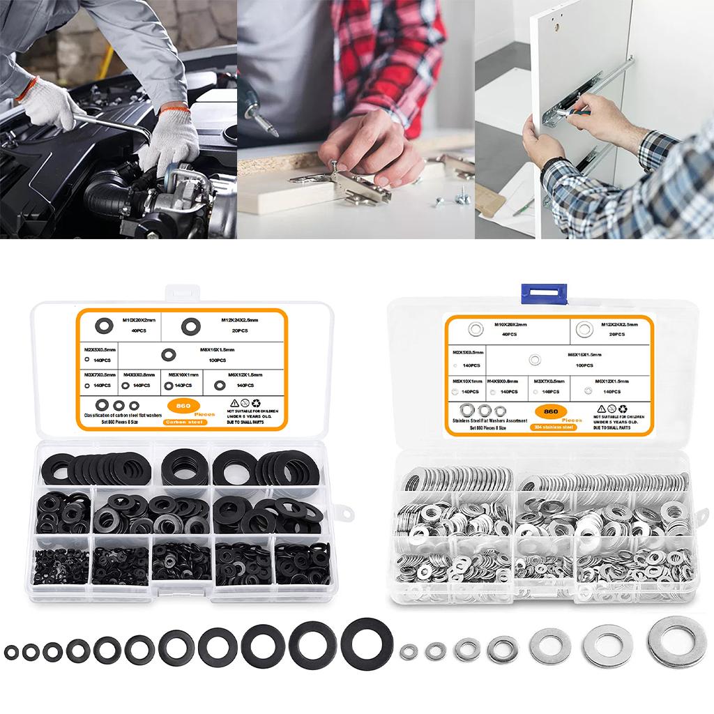 860 Pieces Flat Washers Set Carbon Steel 8 Sizes DIY Accessories Black