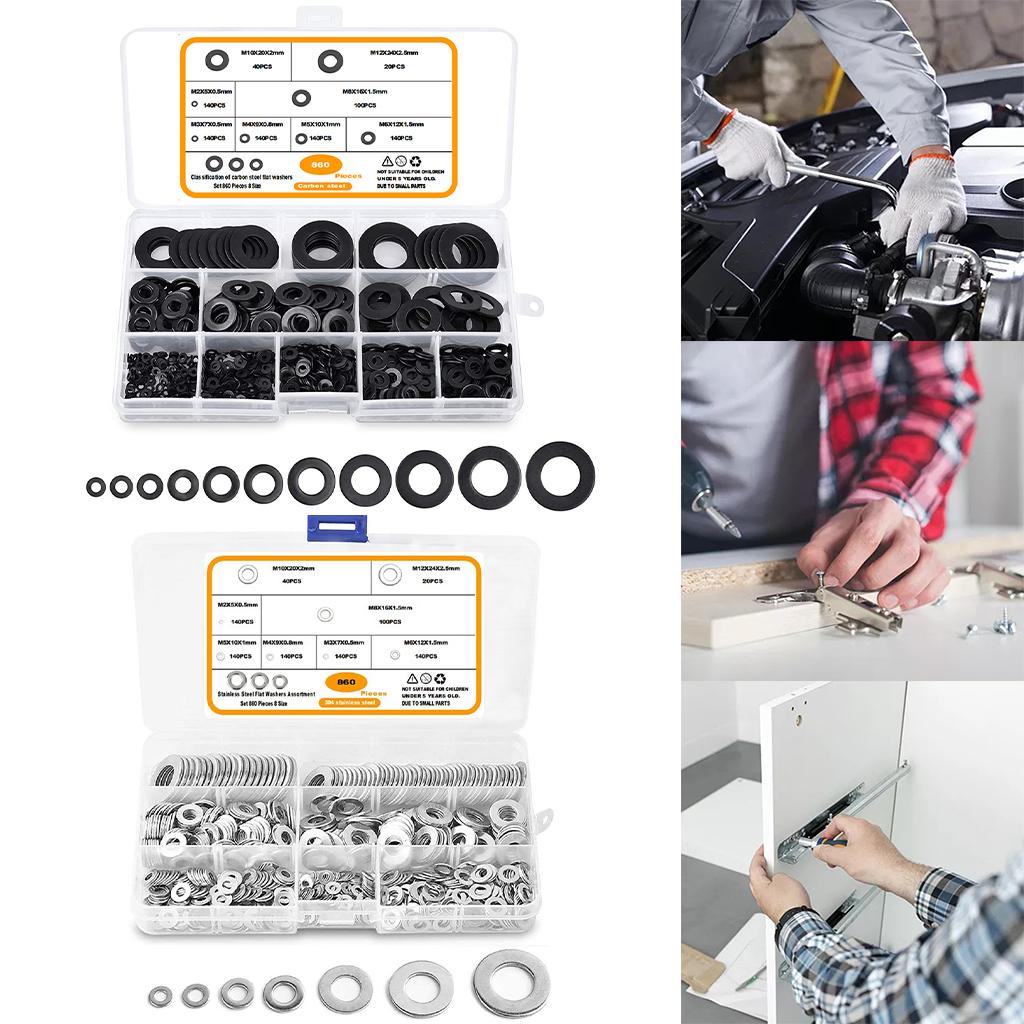 860 Pieces Flat Washers Set Carbon Steel 8 Sizes DIY Accessories Black
