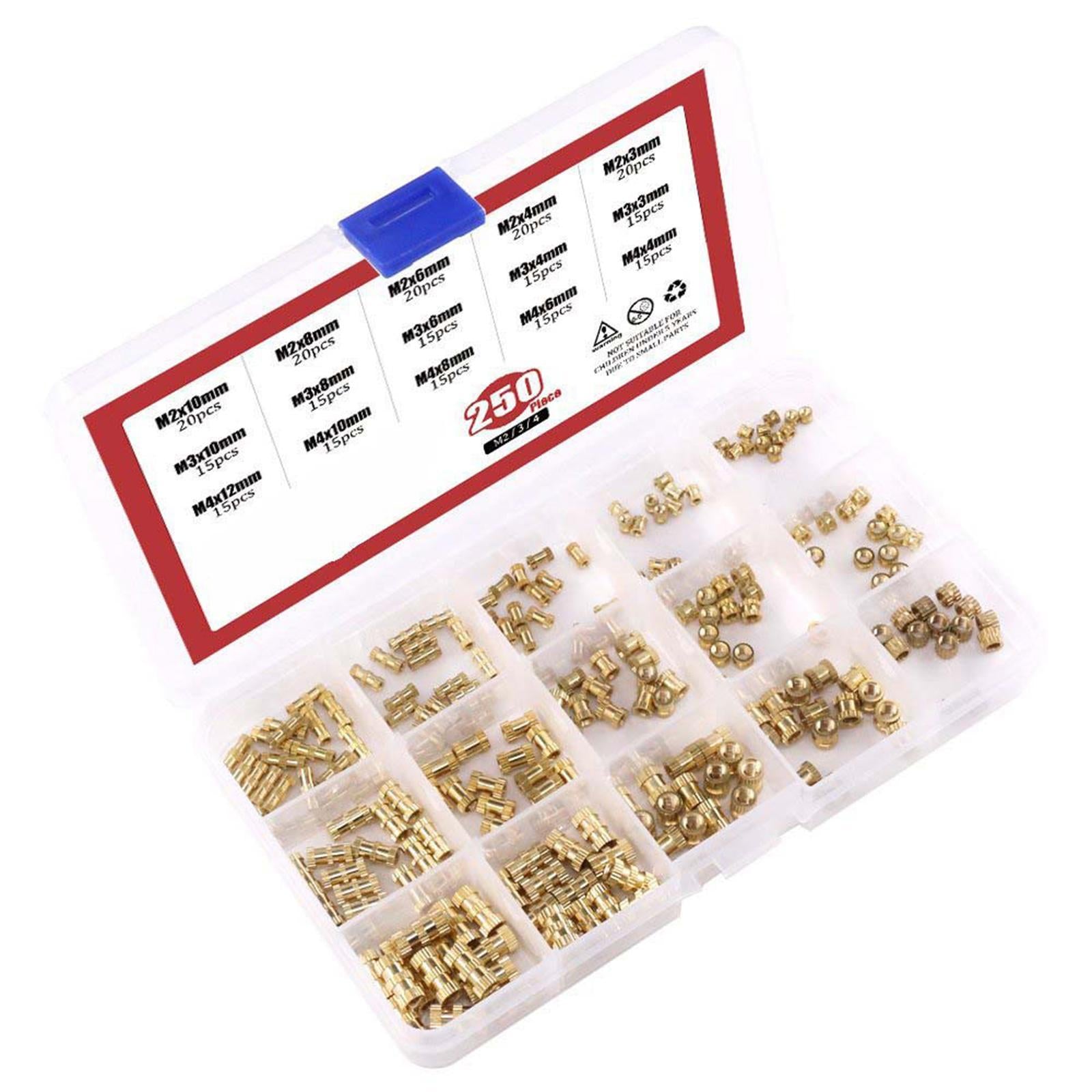 250pcs Copper Brass Knurl Insert Nuts Metric Threaded Assortment Set Kit