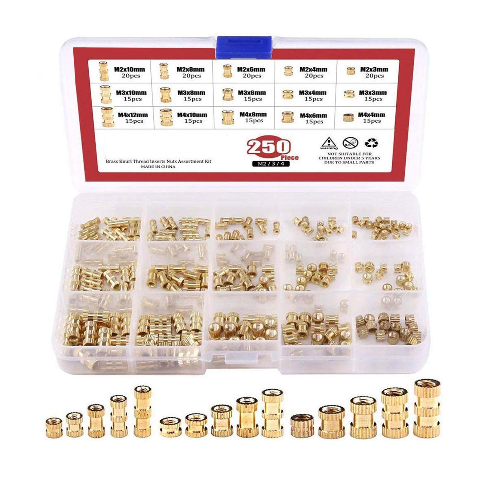 250pcs Copper Brass Knurl Insert Nuts Metric Threaded Assortment Set Kit