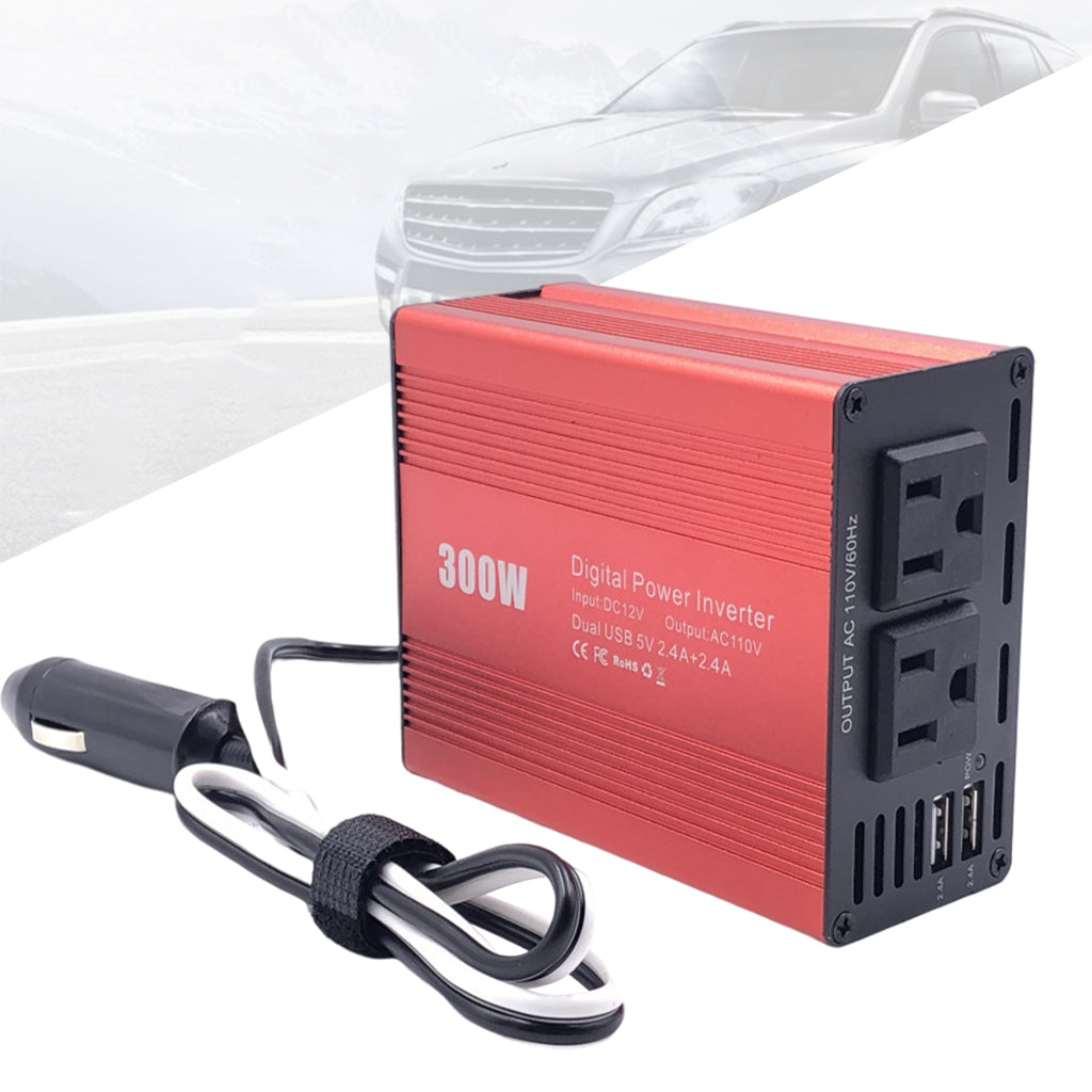 300W Car Plug Adapter Outlet DC 12V to 110V Dual USB Charger US Socket