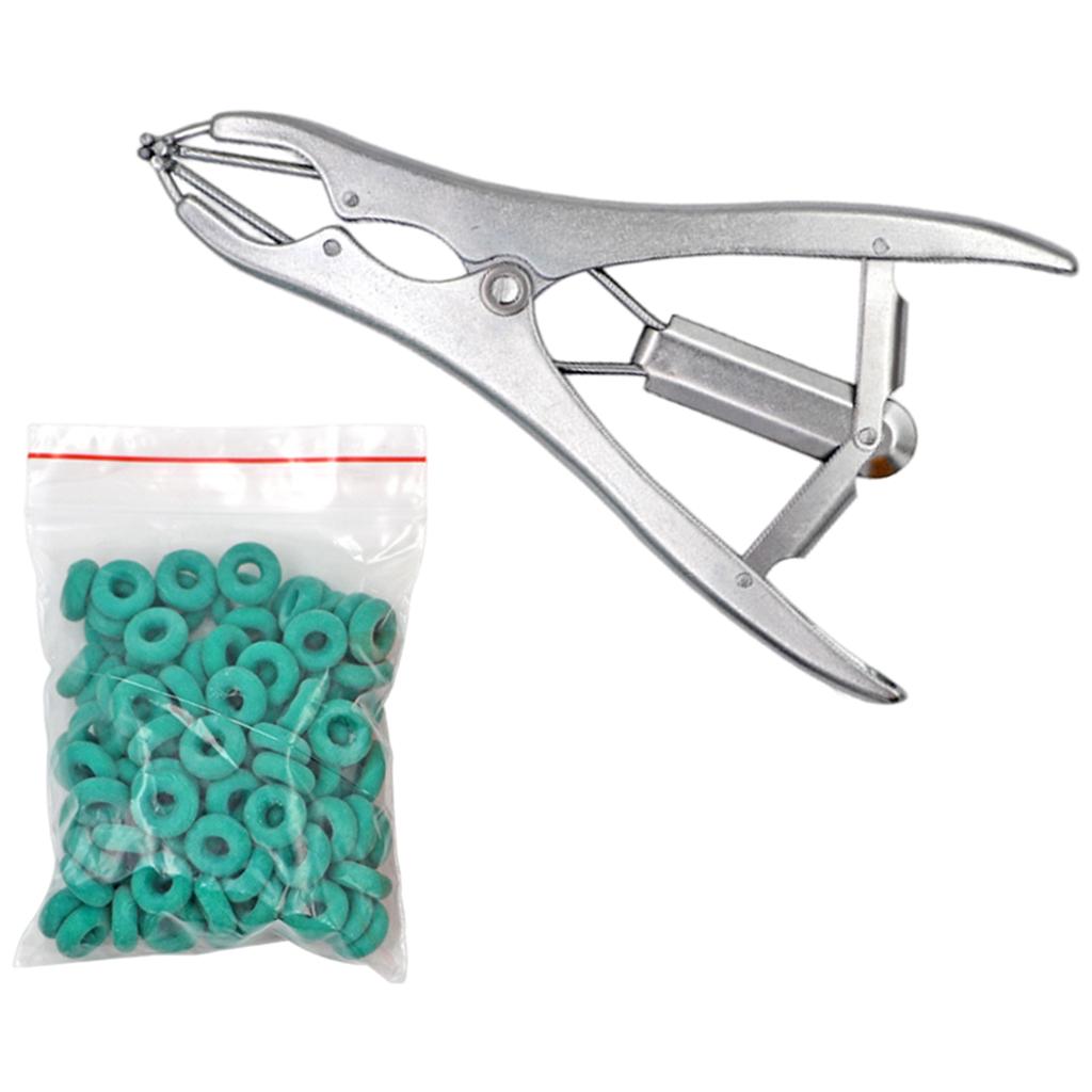Animal Castration Pliers with 100 Pieces Rubber Rings for Lambs Piglets Stainless steel