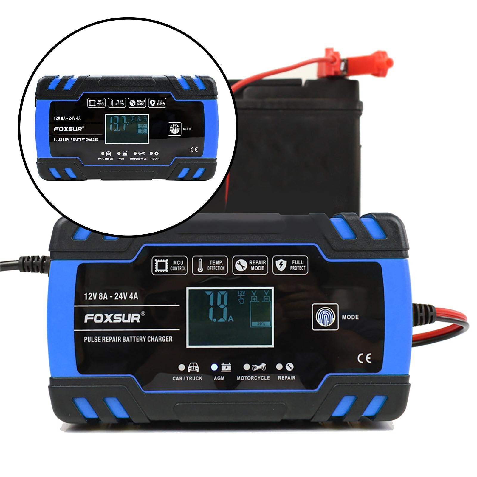 Car Battery Charger 12V 24V 8A 4A with LCD Display for ATV SUV