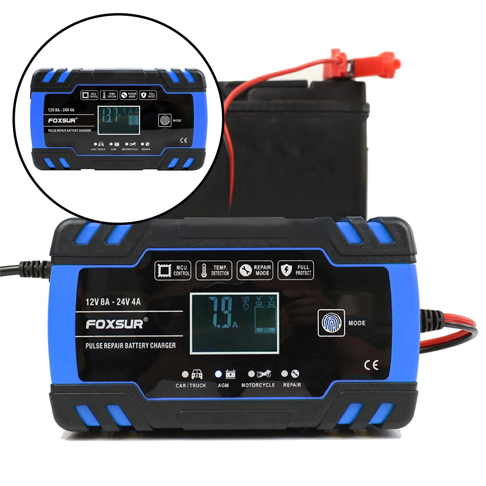 Car Battery Charger 12V 24V 8A 4A with LCD Display for ATV Lawn Mower