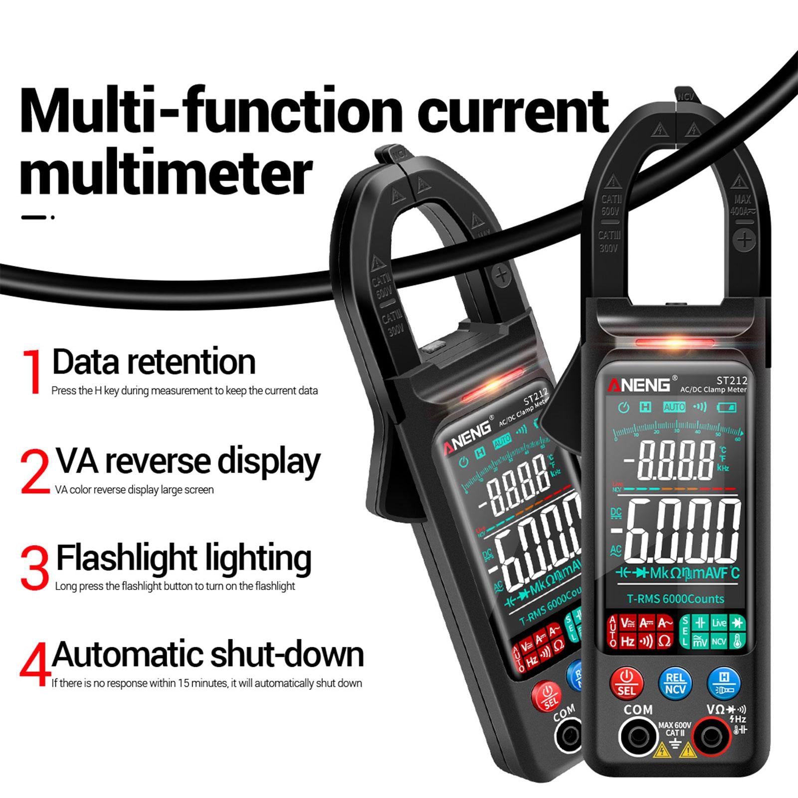 Handheld Clamp Meter Multimeter Digital Voltage Current Tester LCD Screen Black