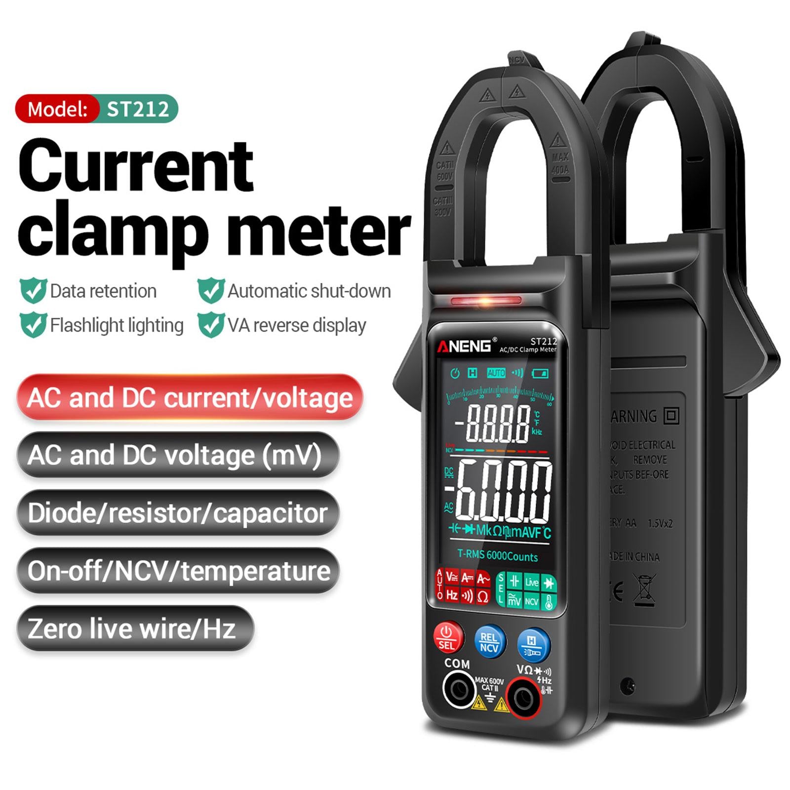 Handheld Clamp Meter Multimeter Digital Voltage Current Tester LCD Screen Black