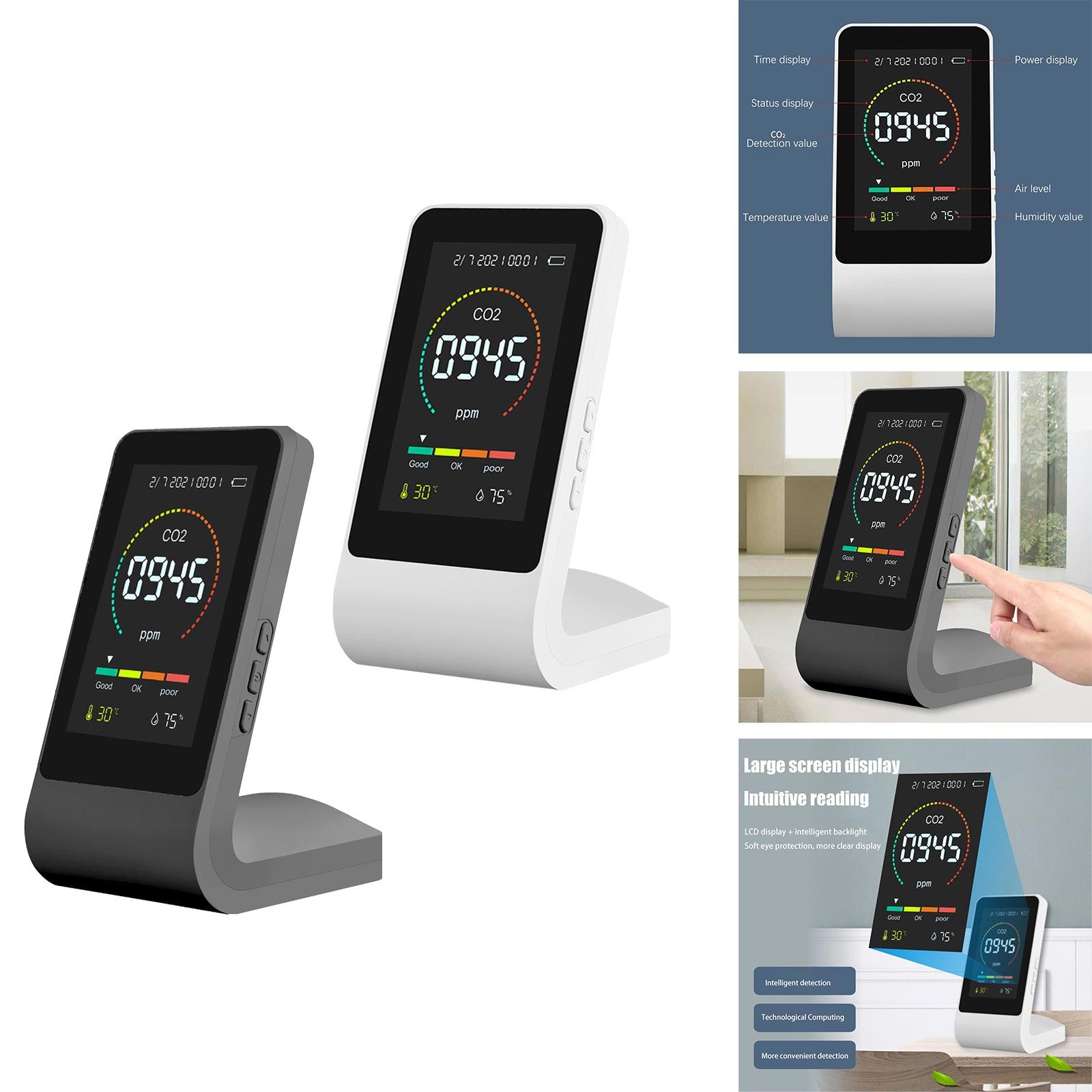 Multifunctional Air Quality Monitor CO2 Detector for Home Office Black