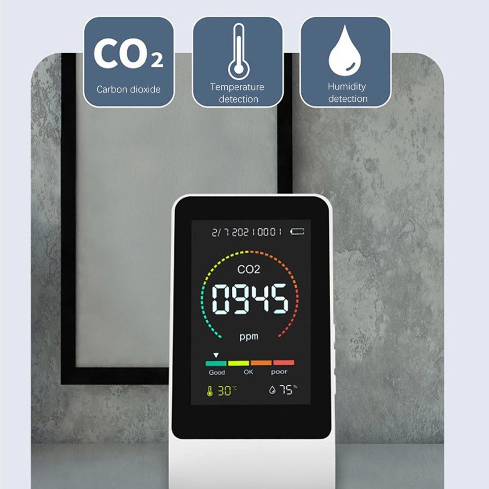 Multifunctional Air Quality Monitor CO2 Detector for Home Office White