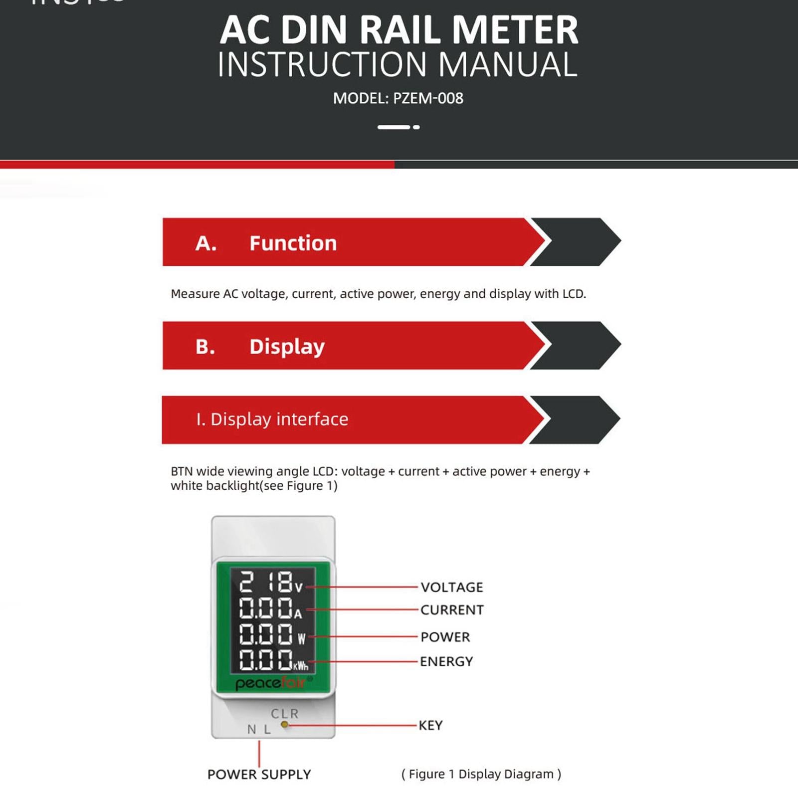 Din Rail Wattmeter Ammeter Voltmeter Amp Watt Power Meter LCD Screen 0-100A