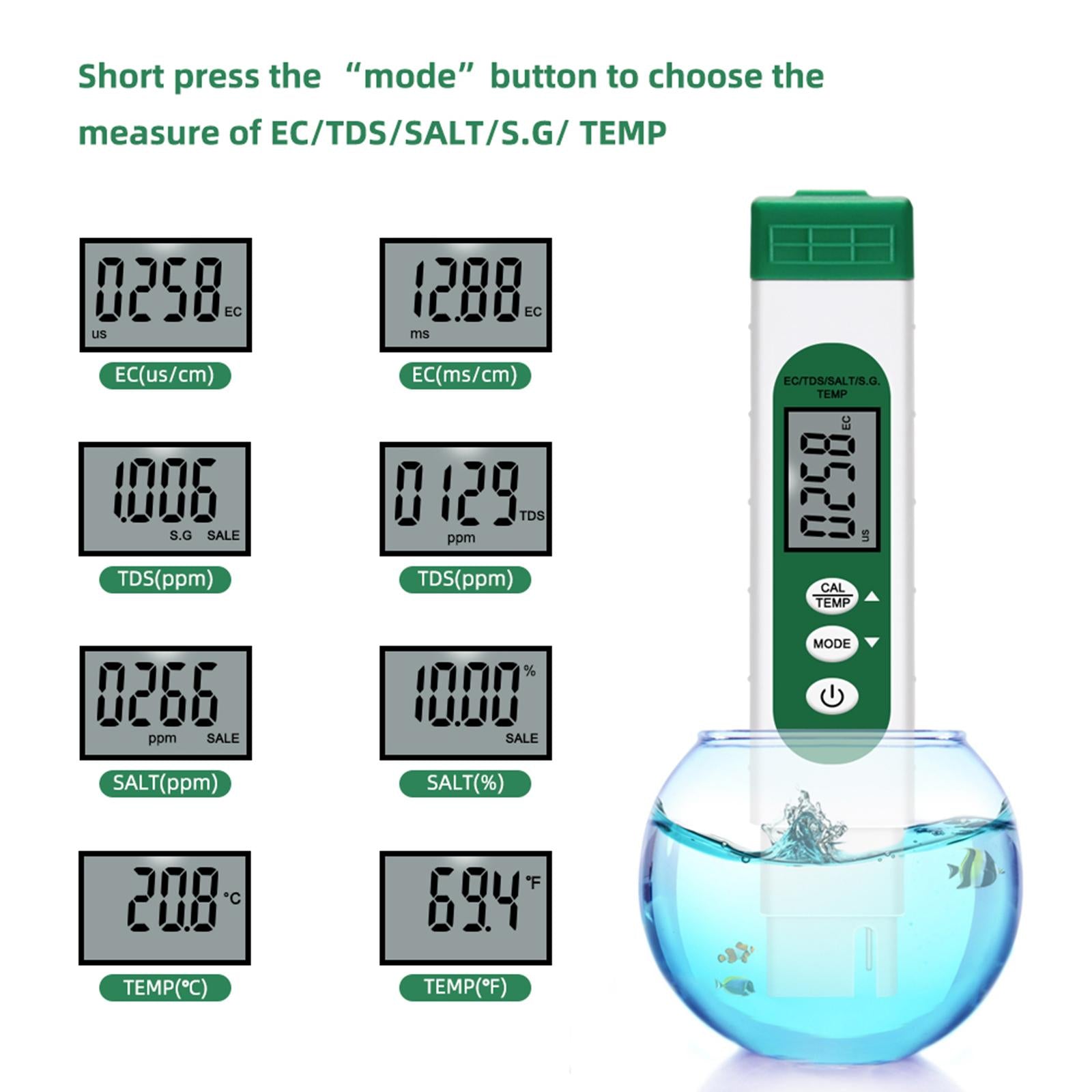 5 in 1 Digital Water Quality Tester 0-9990 ppm for Saltwater Hydroponics