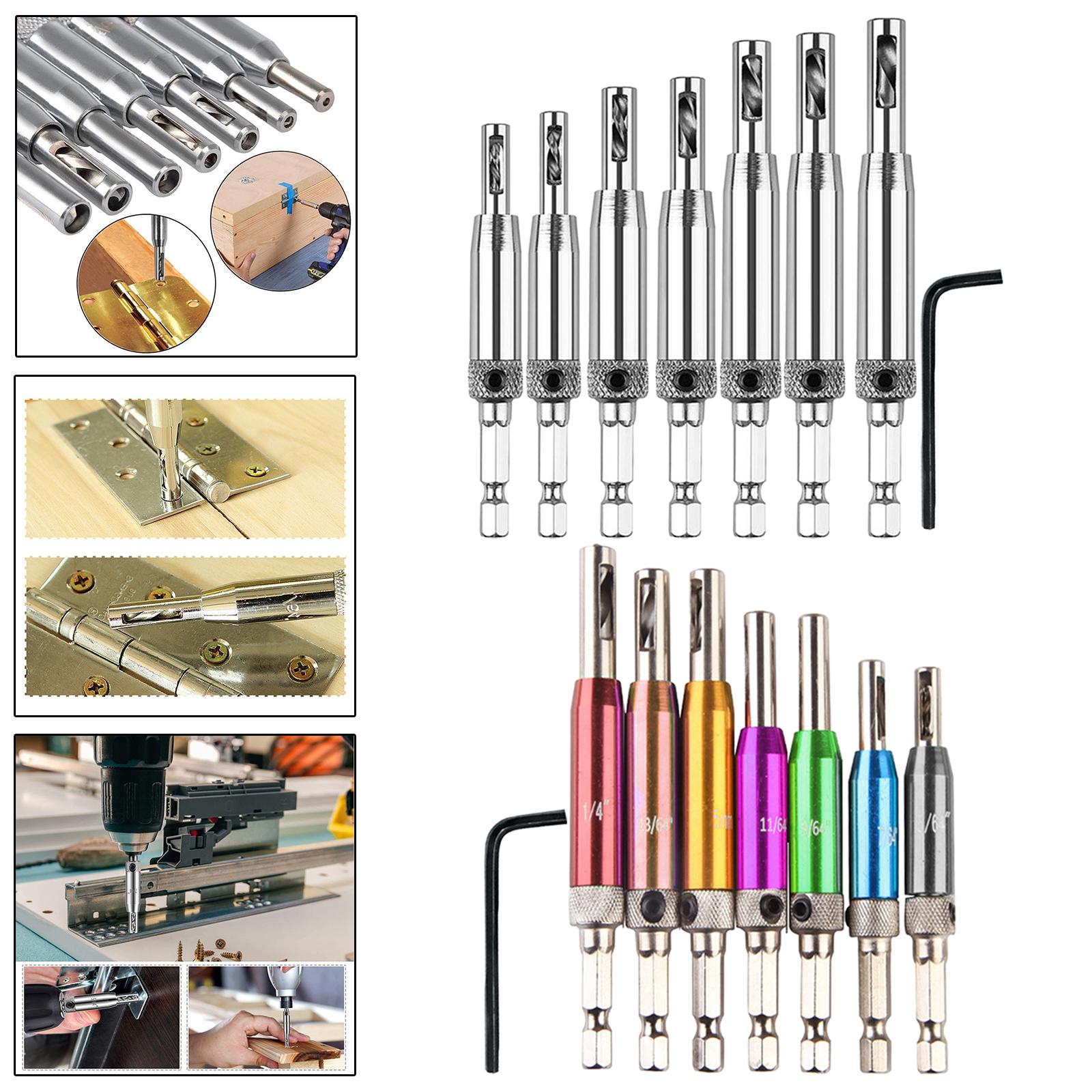 7x Self Centering Door Lock Cabinet Hinge Drill Bit Set Pilot Tool Silver