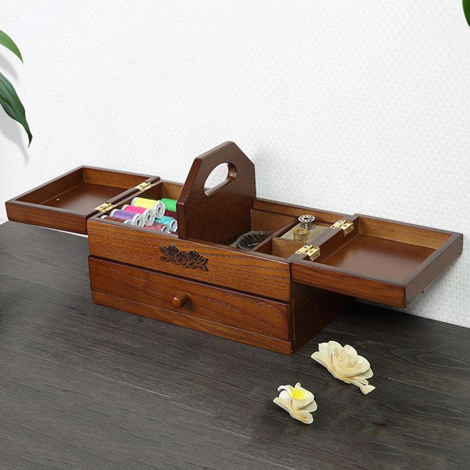 Expand Case Wooden Sewing Box Basket Craft Jewelry Storage Organizer Holder