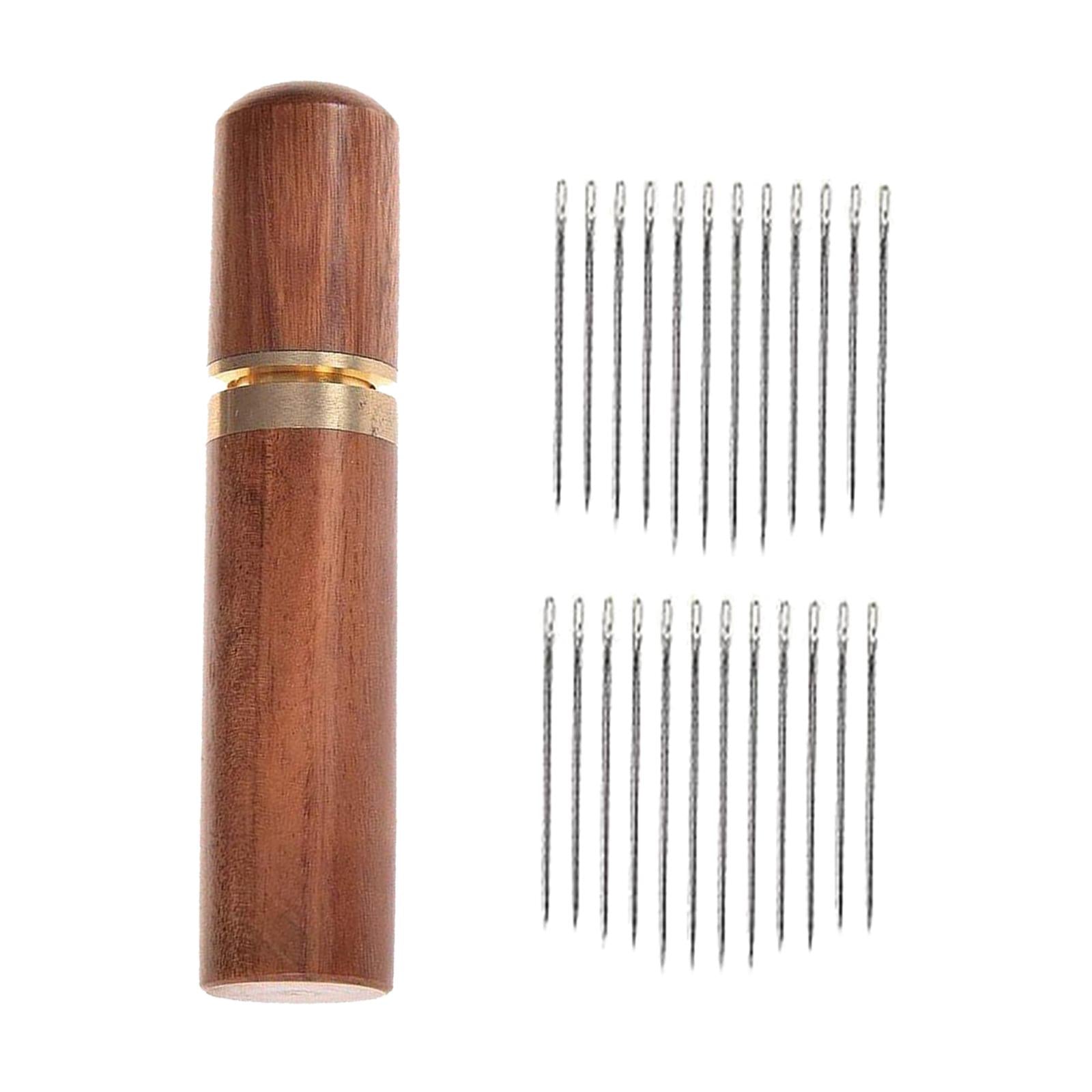 24x Self Threading Needles with Wooden Needle Case Brown_Silver Needles