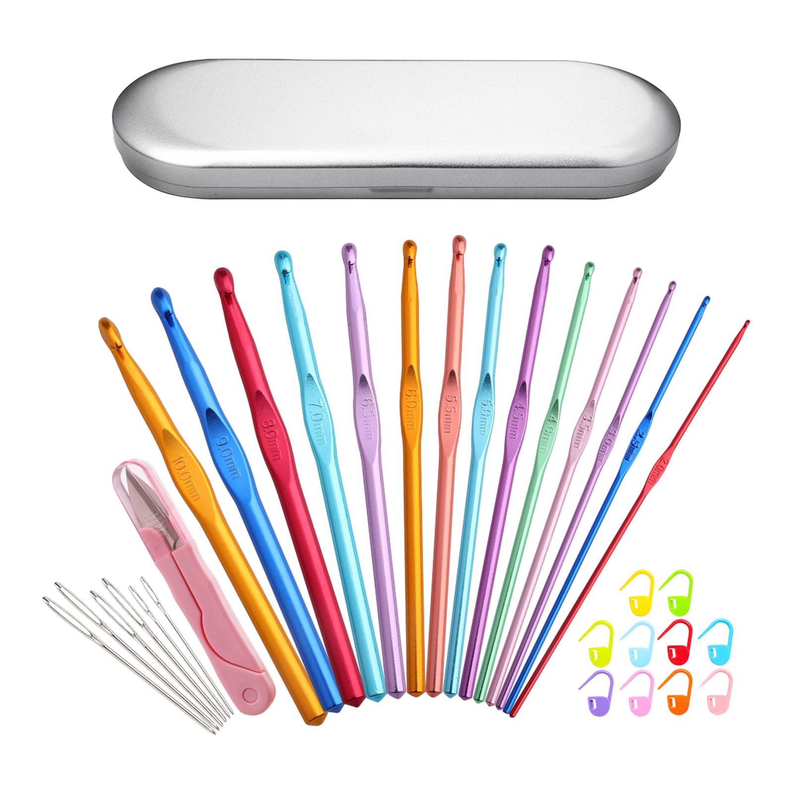 32x Aluminum Crochet Hooks Knitting Set 2-10mm with Large-Eye Blunt Needle