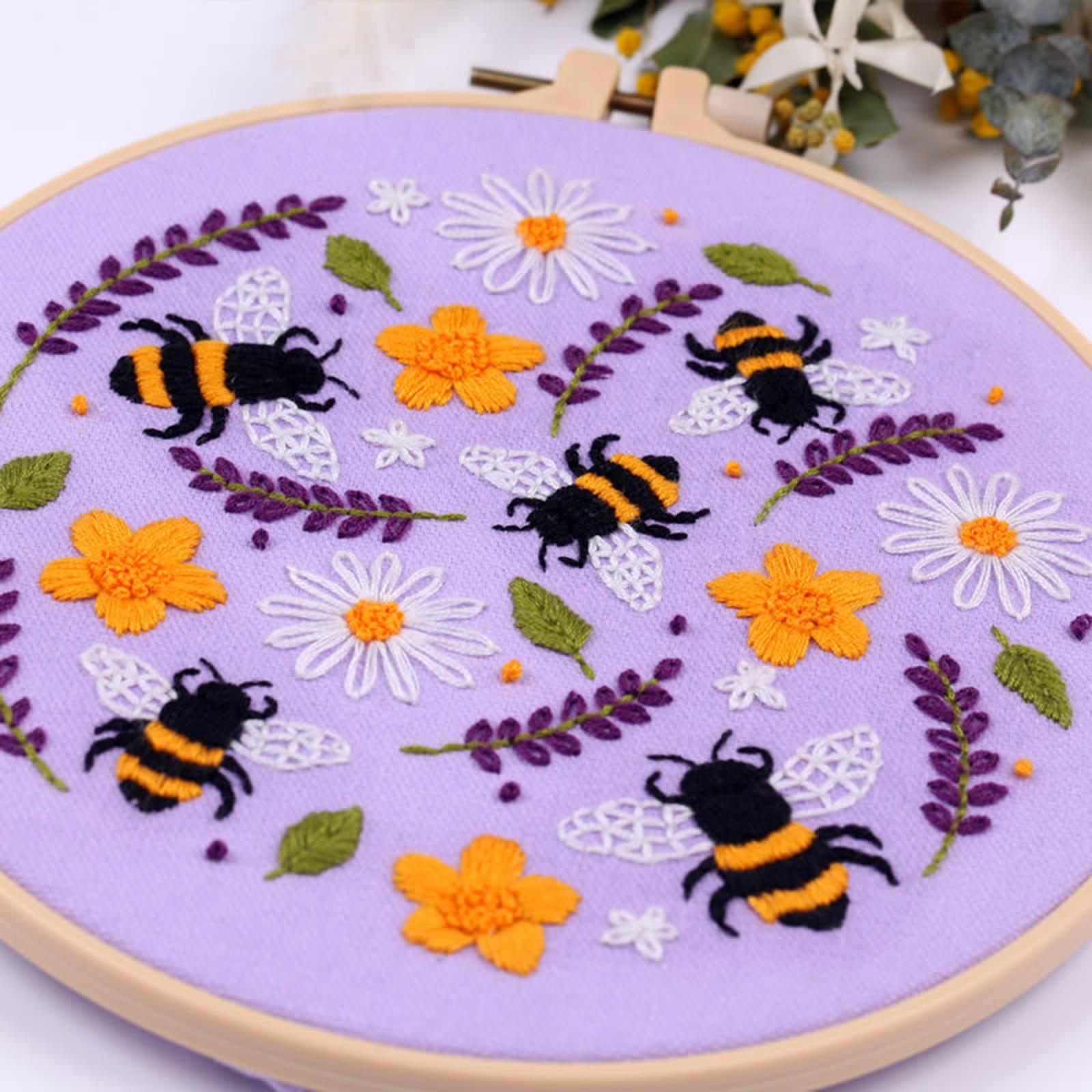 Cross Stitch Kit Floral Patterned Fabric Needles Bamboo Hoop Sewing Purple