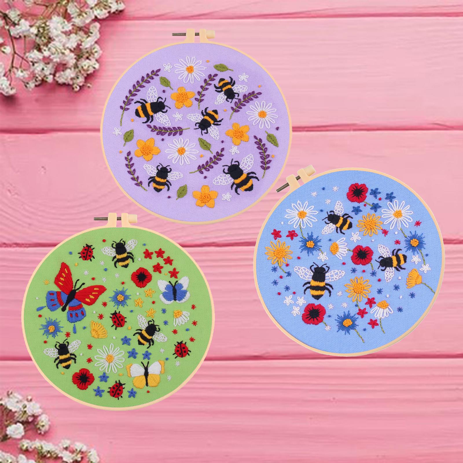 Cross Stitch Kit Floral Patterned Fabric Needles Bamboo Hoop Sewing Purple