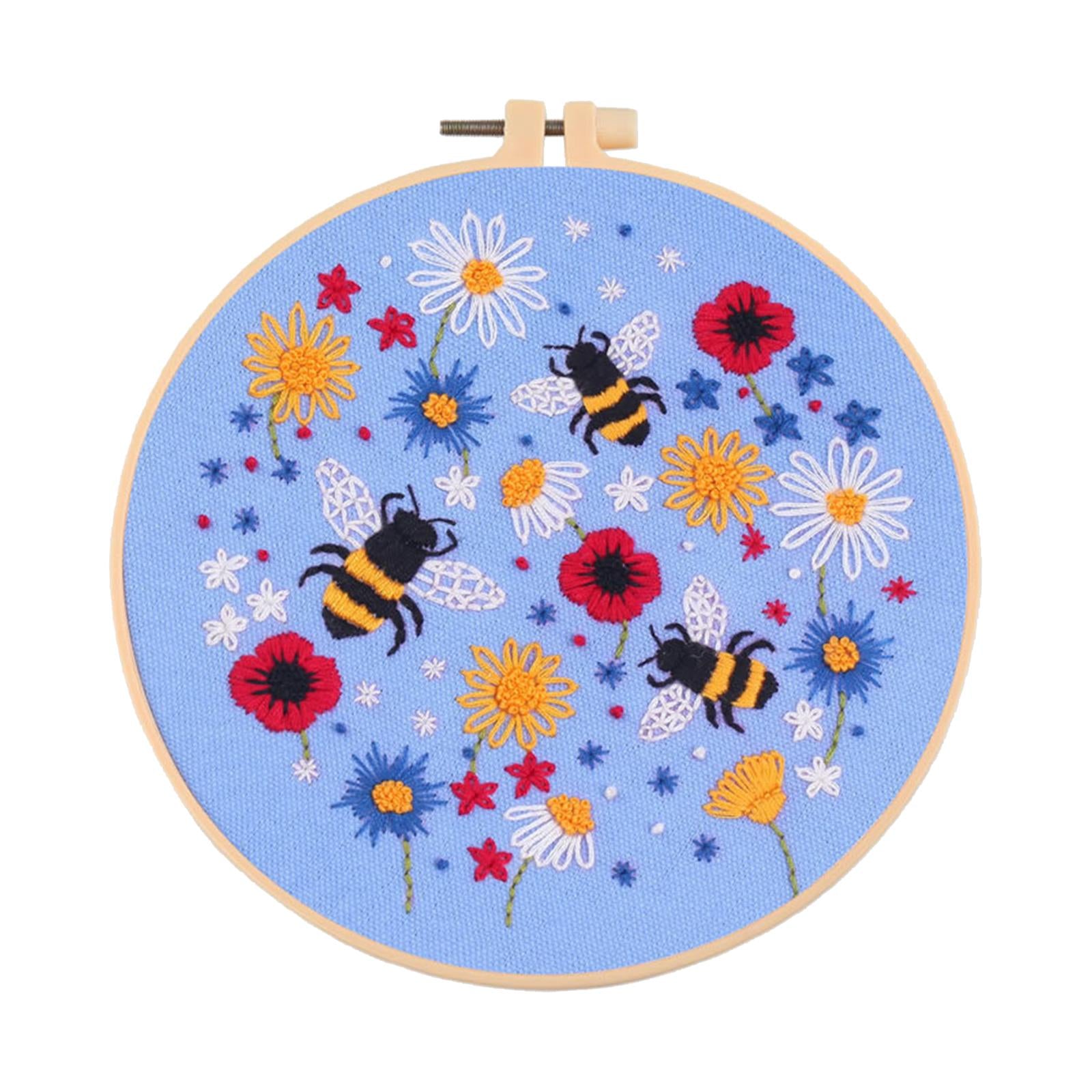 Cross Stitch Kit Floral Patterned Fabric Needles Bamboo Hoop Sewing Blue