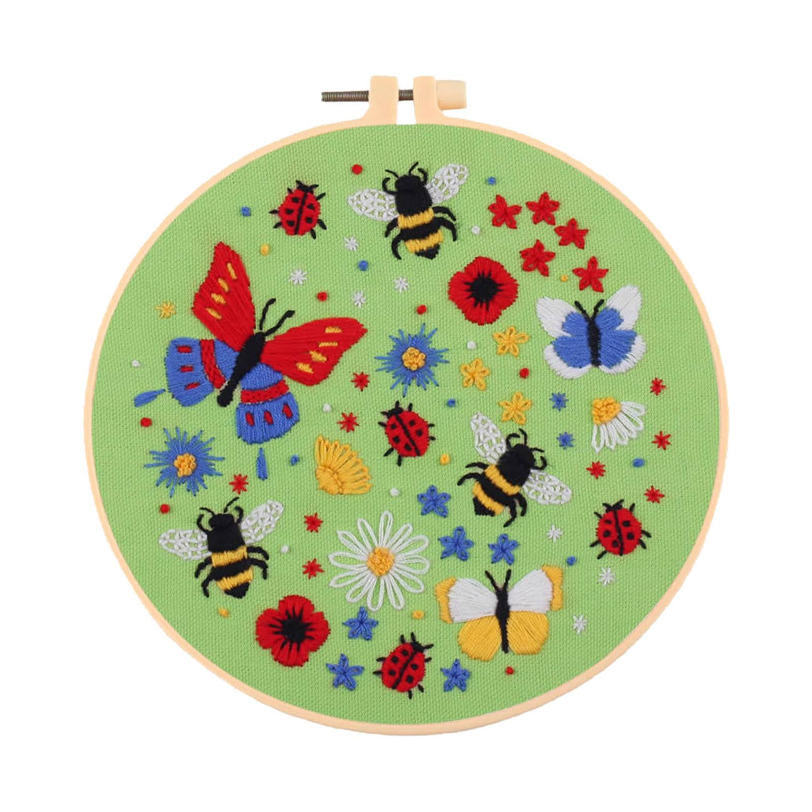 Cross Stitch Kit Floral Patterned Fabric Needles Bamboo Hoop Sewing Green