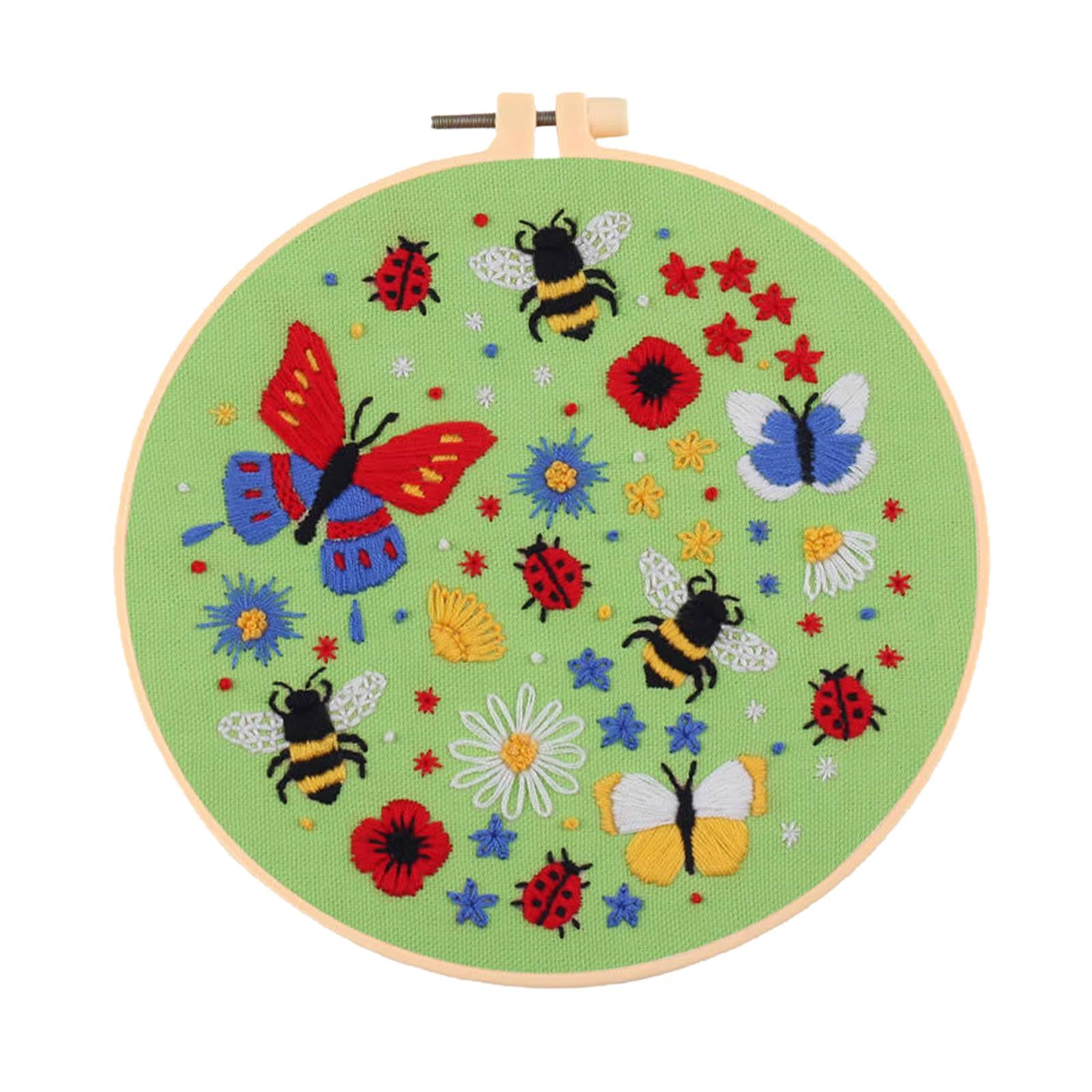 Cross Stitch Kit Floral Patterned Fabric Needles Bamboo Hoop Sewing Green