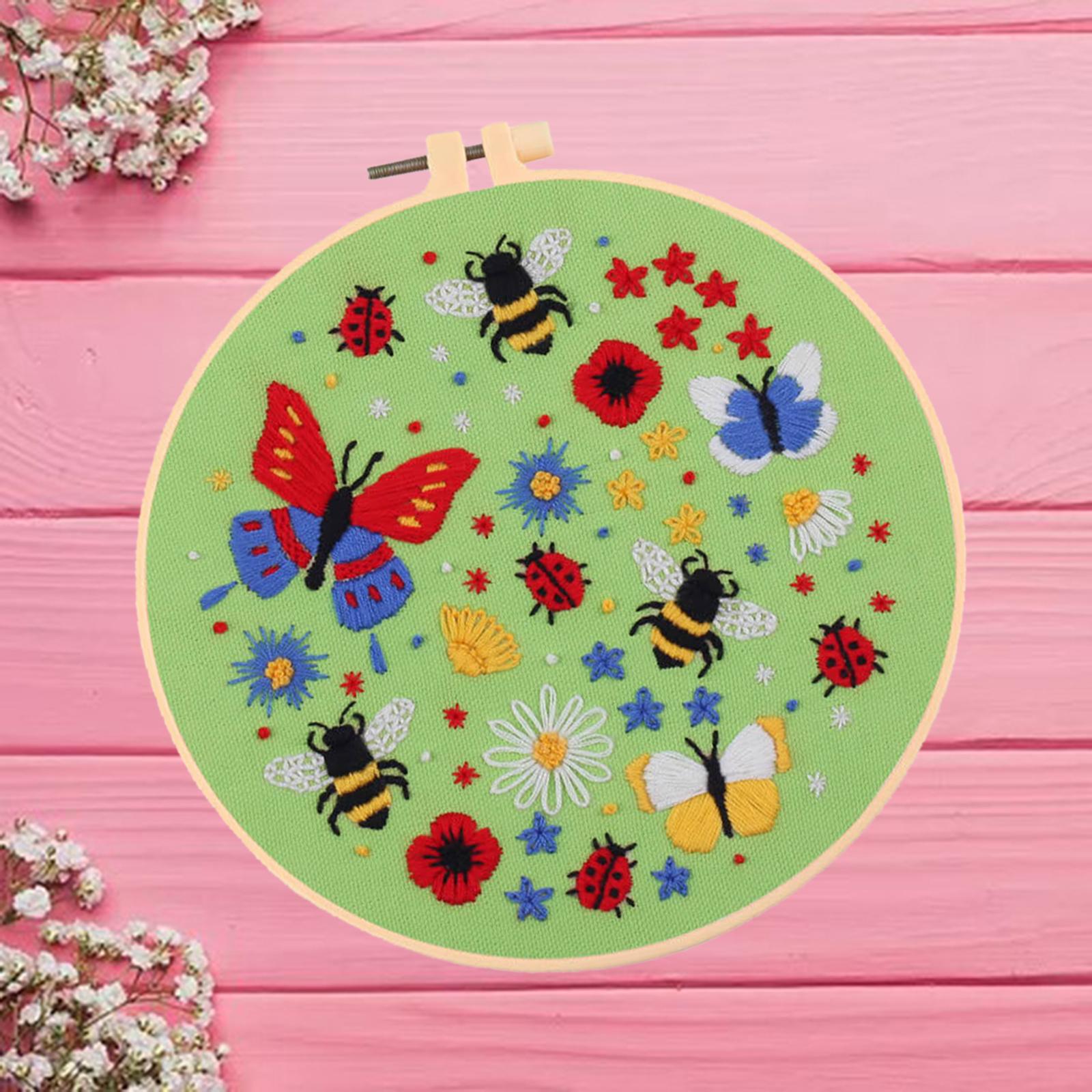Cross Stitch Kit Floral Patterned Fabric Needles Bamboo Hoop Sewing Green