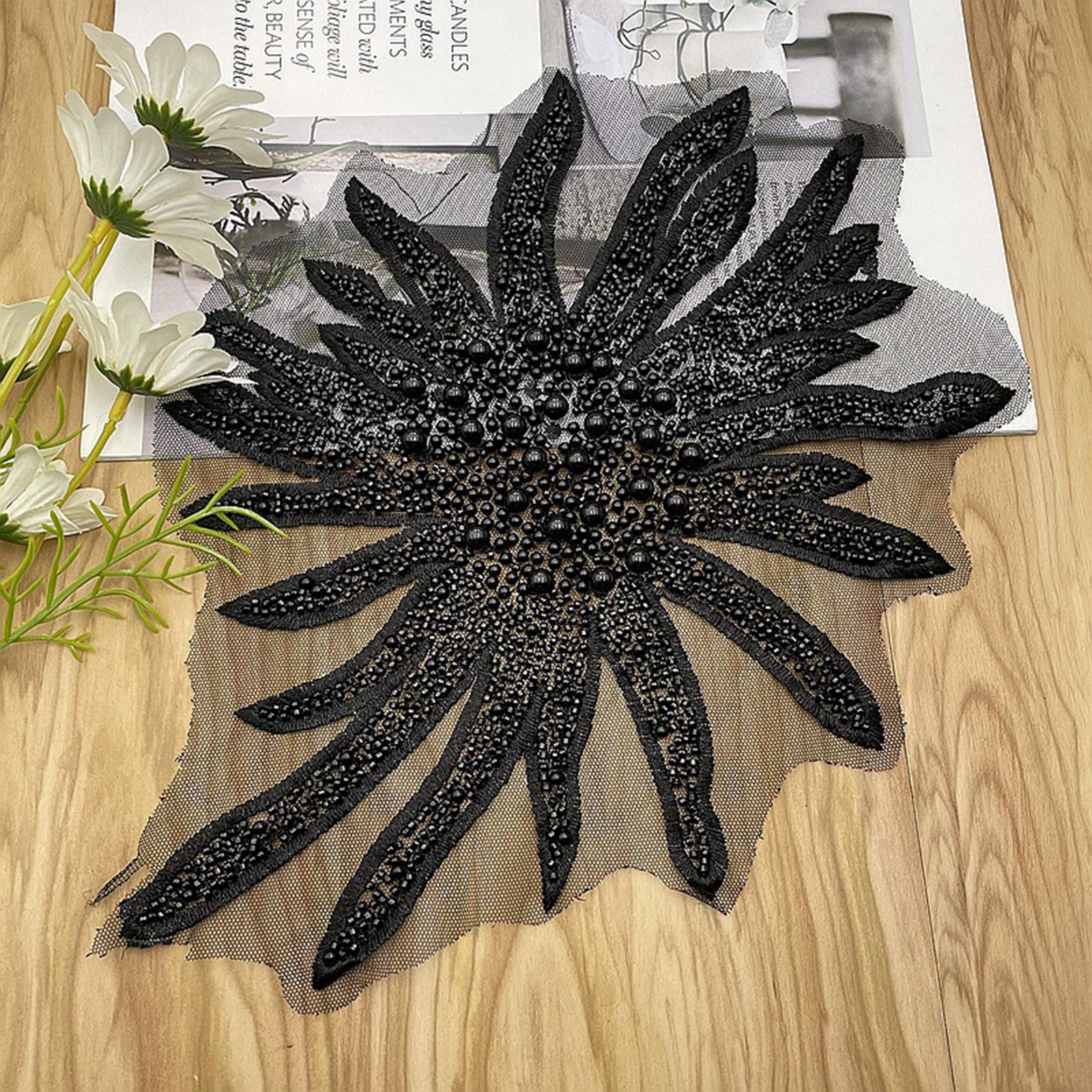 Faux Pearls Flower Patches Sew on Paste Embroidered Trim Appliques Black