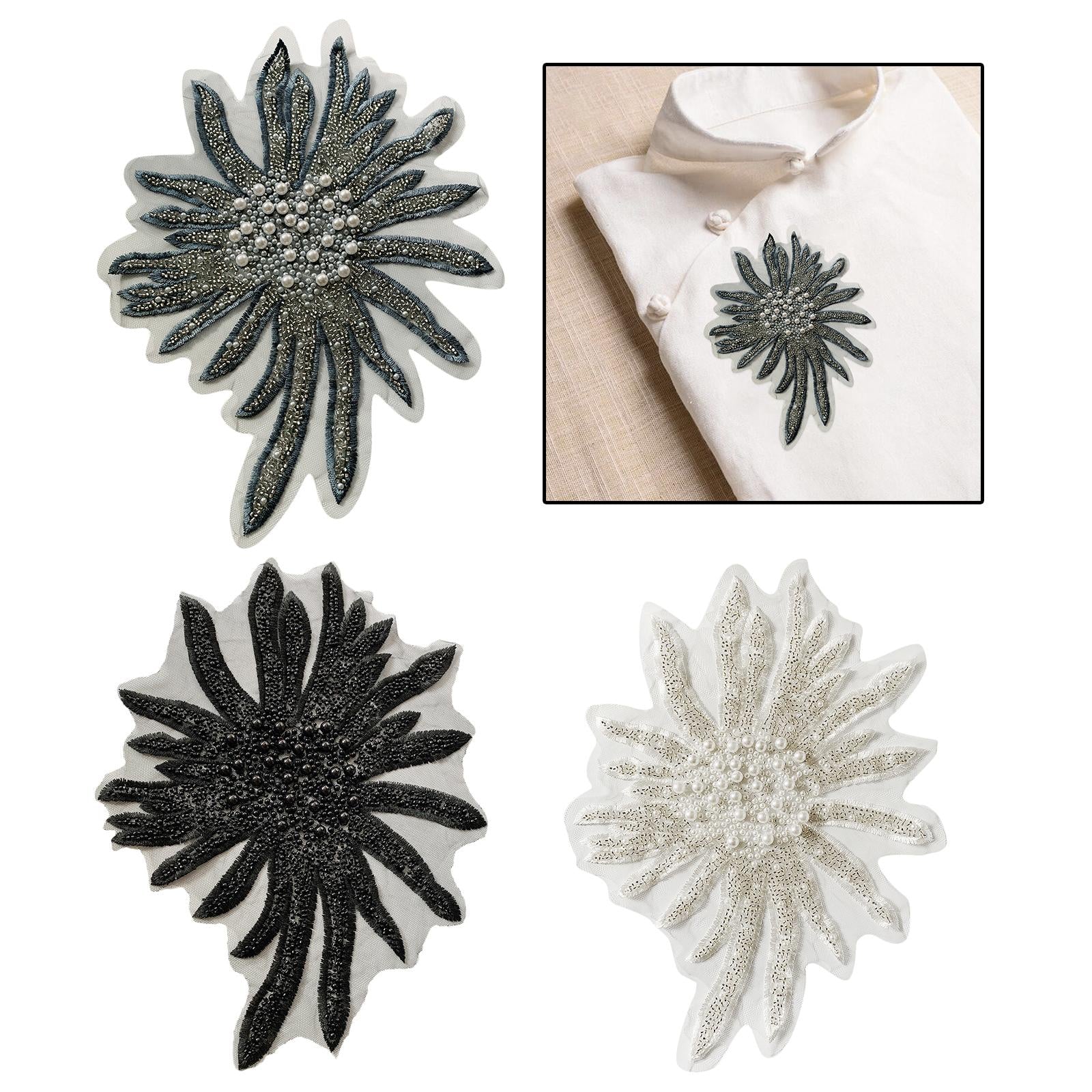 Faux Pearls Flower Patches Sew on Paste Embroidered Trim Appliques Black