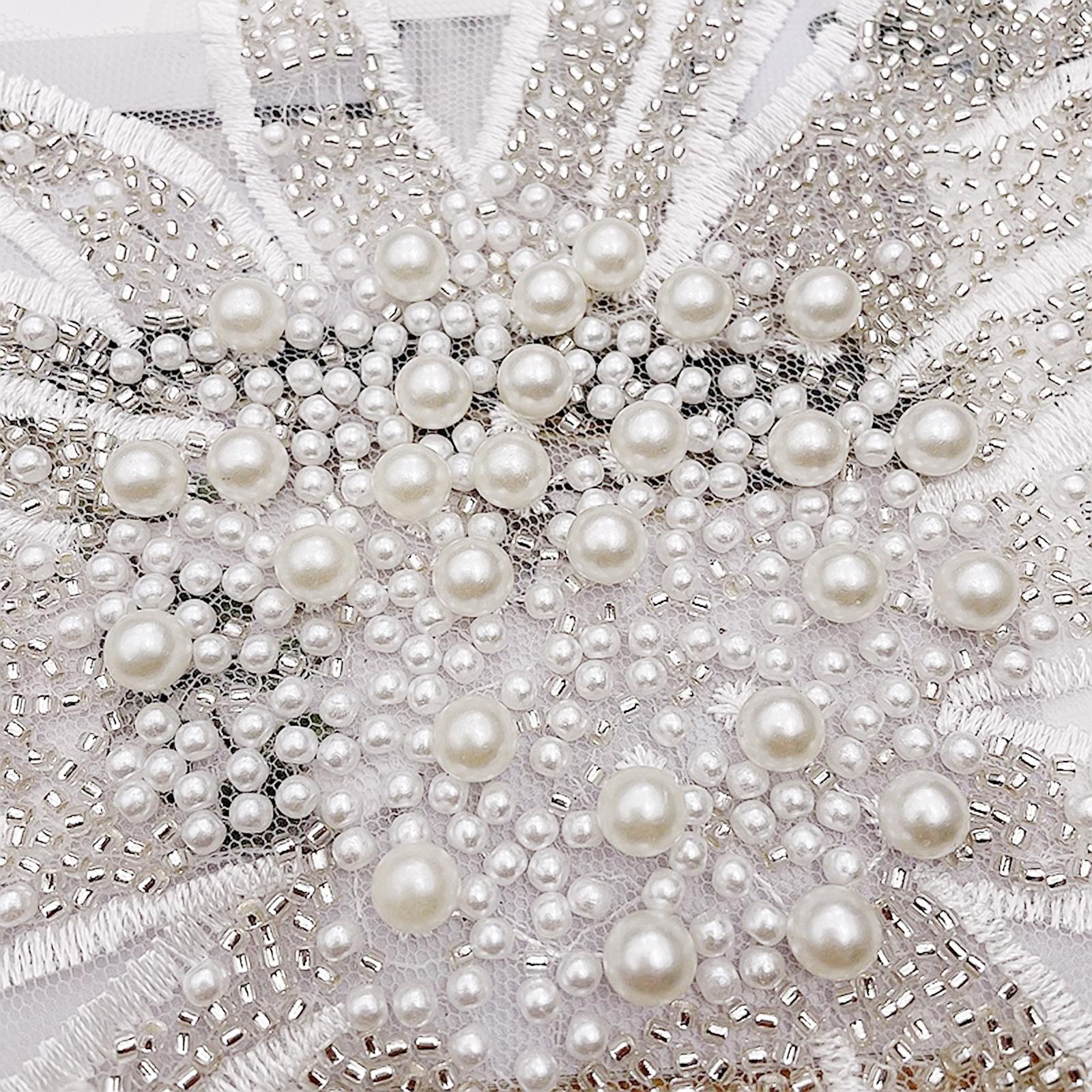 Faux Pearls Flower Patches Sew on Paste Embroidered Trim Appliques White