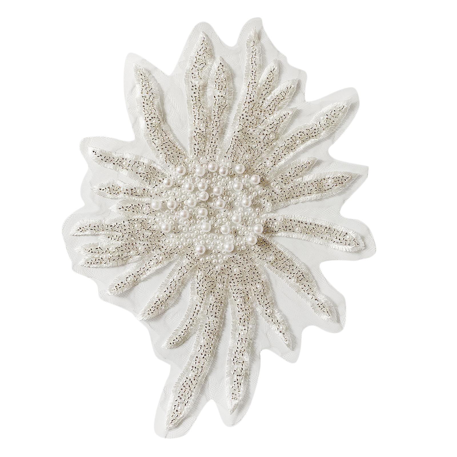 Faux Pearls Flower Patches Sew on Paste Embroidered Trim Appliques White