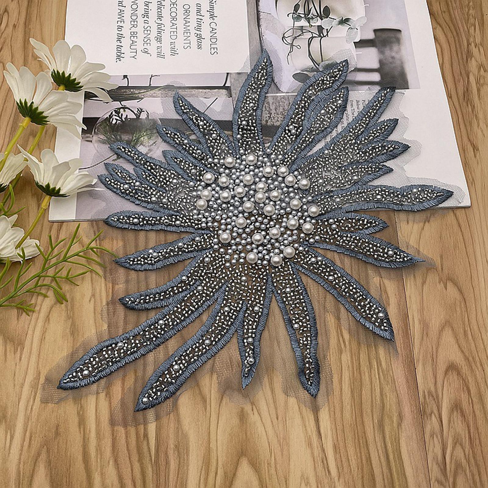 Faux Pearls Flower Patches Sew on Paste Embroidered Trim Appliques Grey
