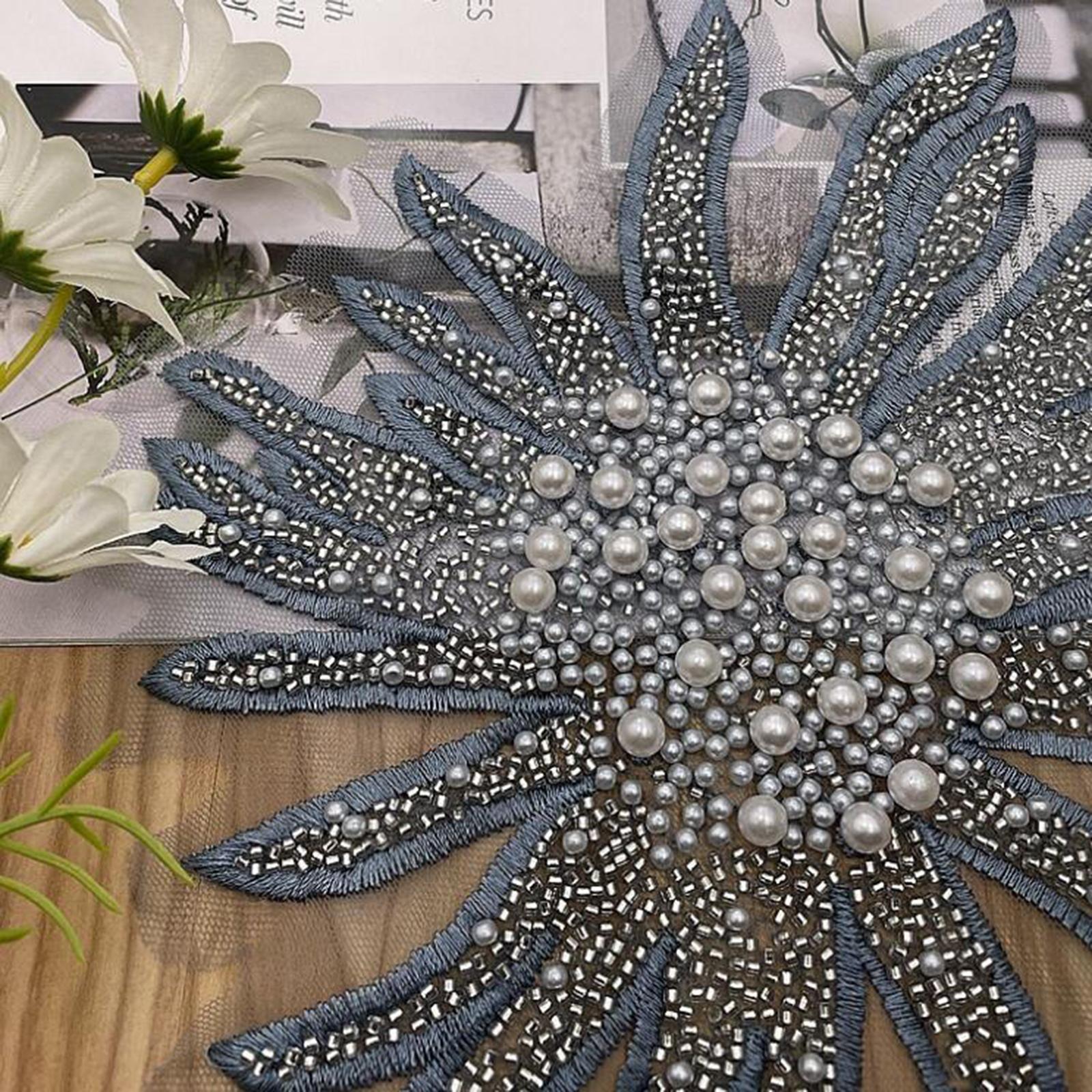 Faux Pearls Flower Patches Sew on Paste Embroidered Trim Appliques Grey