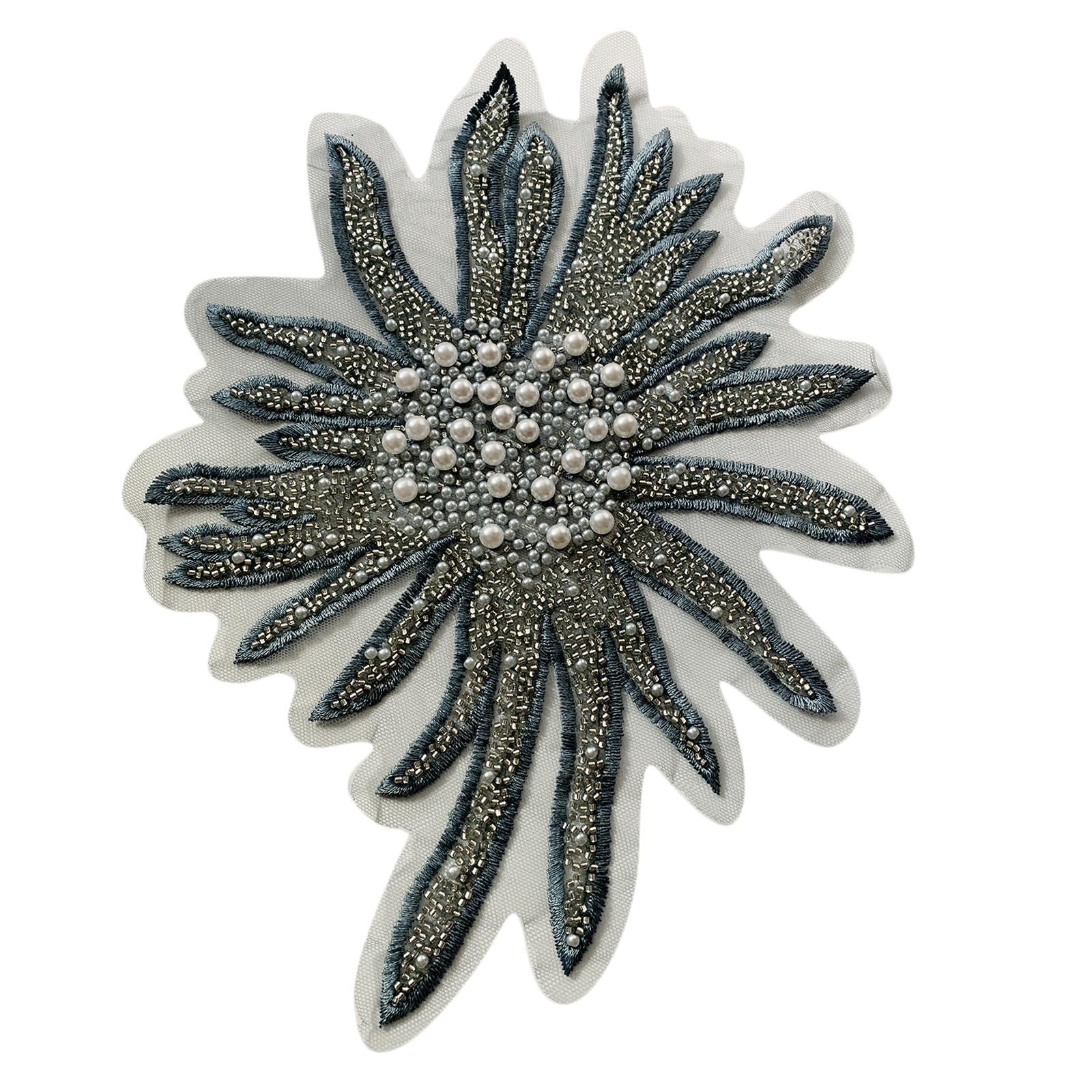 Faux Pearls Flower Patches Sew on Paste Embroidered Trim Appliques Grey