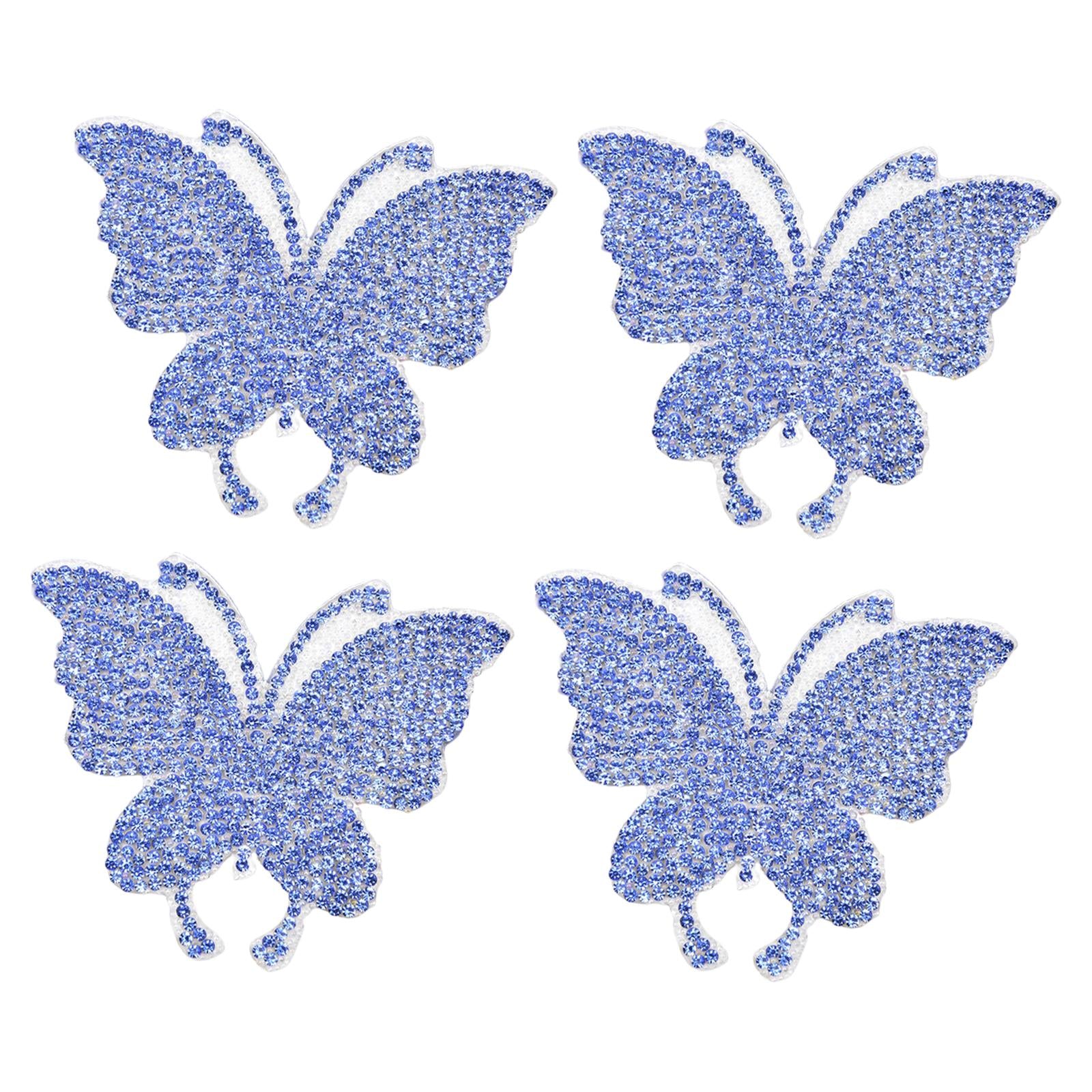 4PCS Rhinestone Butterfly Patches Iron On Sew on Patch Embroidered Appliques Light Blue