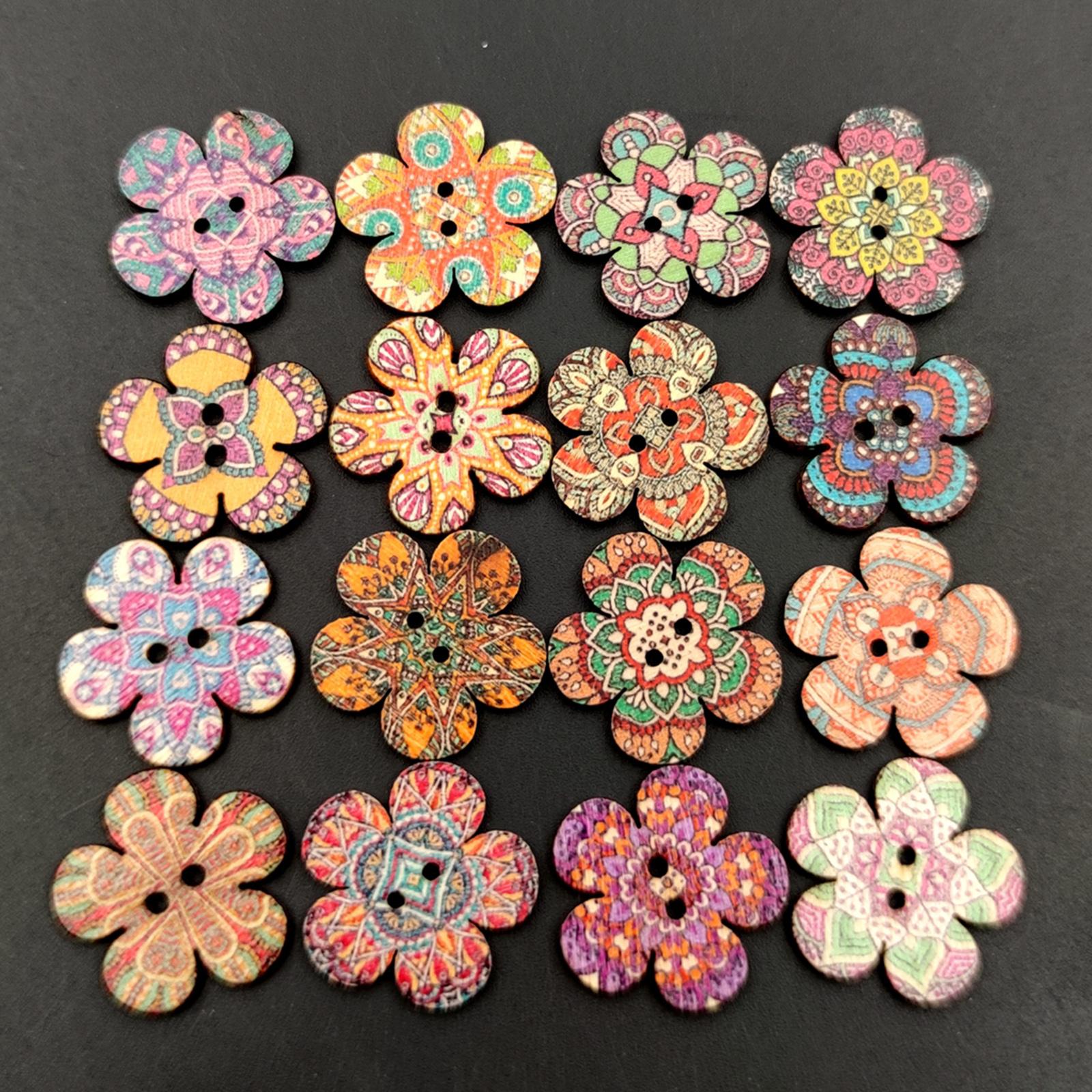 100pcs Mixed Random Flower Painting Wooden Retro Buttons Assorted Color 1